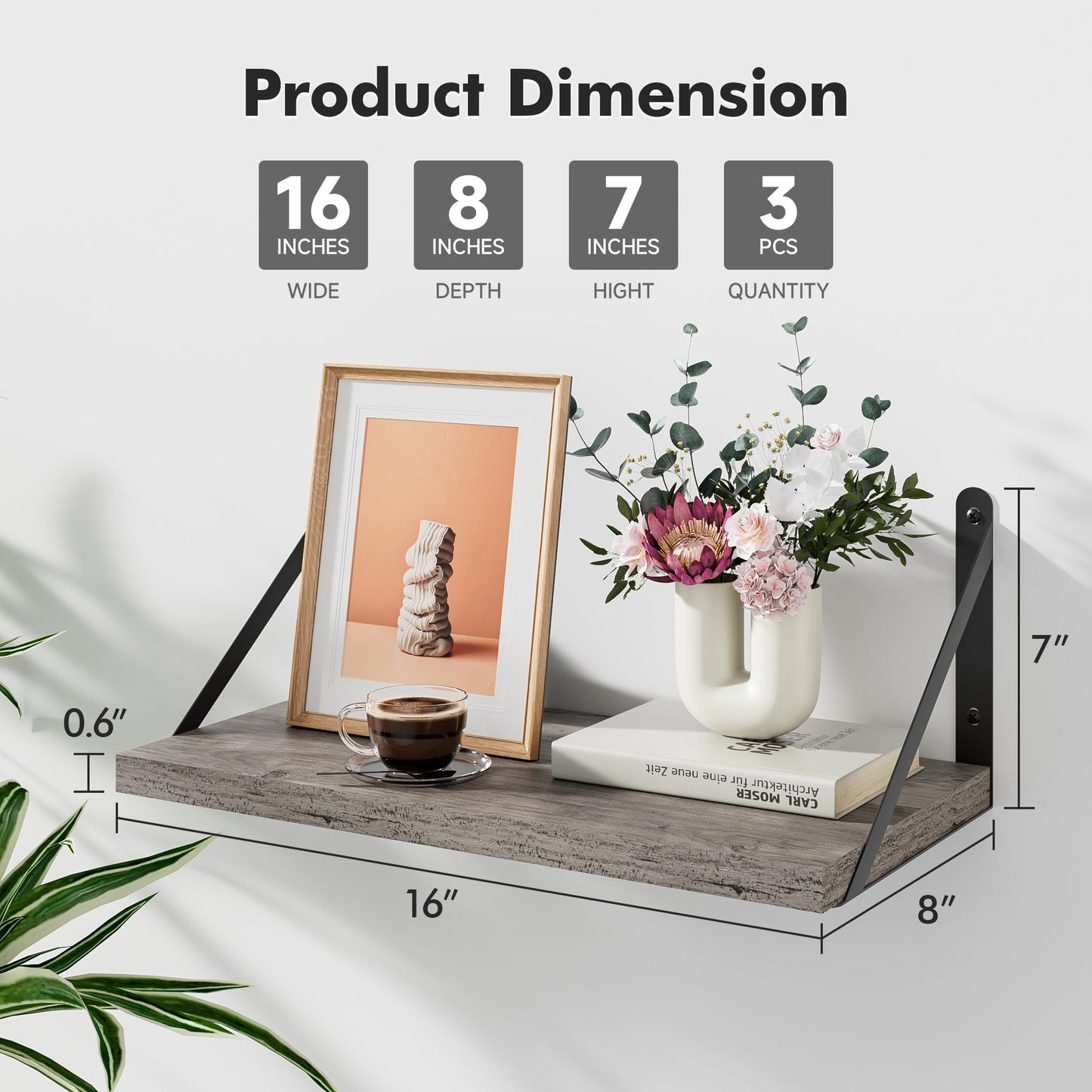 HausRegal Floating Shelves for Wall, 16W x 8D Wide Bookshelf with Brackets Set of 3, Wood Wall Mounted Shelves for Living Room, Kitchen, Bathroom, Bedroom and Decor Storage(Grey)