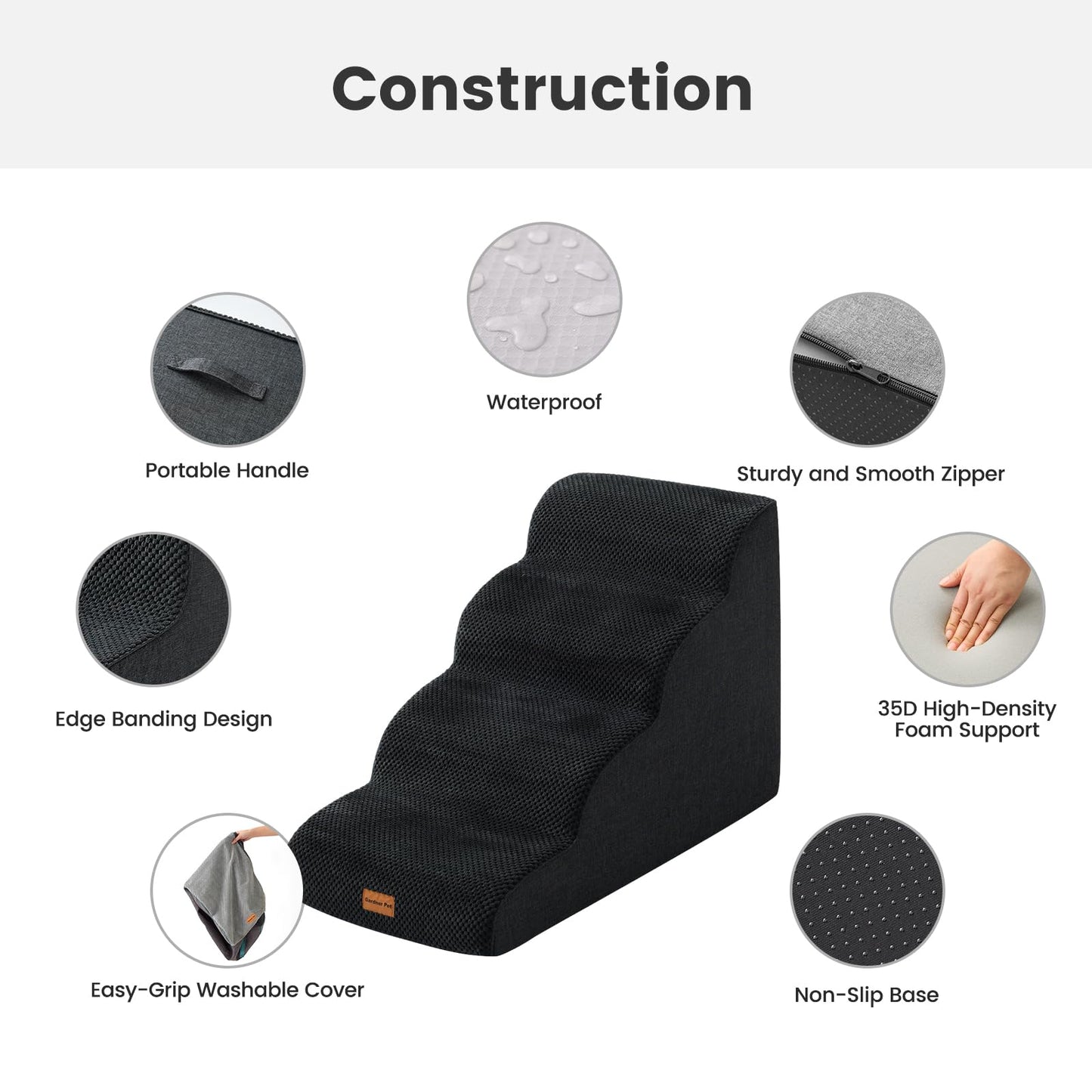 Gardner Pet Dog Stairs for Small Dogs 19.7" H, 4-Step Black Curved Pet Stairs, Dog Steps for High Bed (18-24 in), Couch with Durable Non-Slip Waterproof Fabric Cover and CertiPUR-US Certified Foam