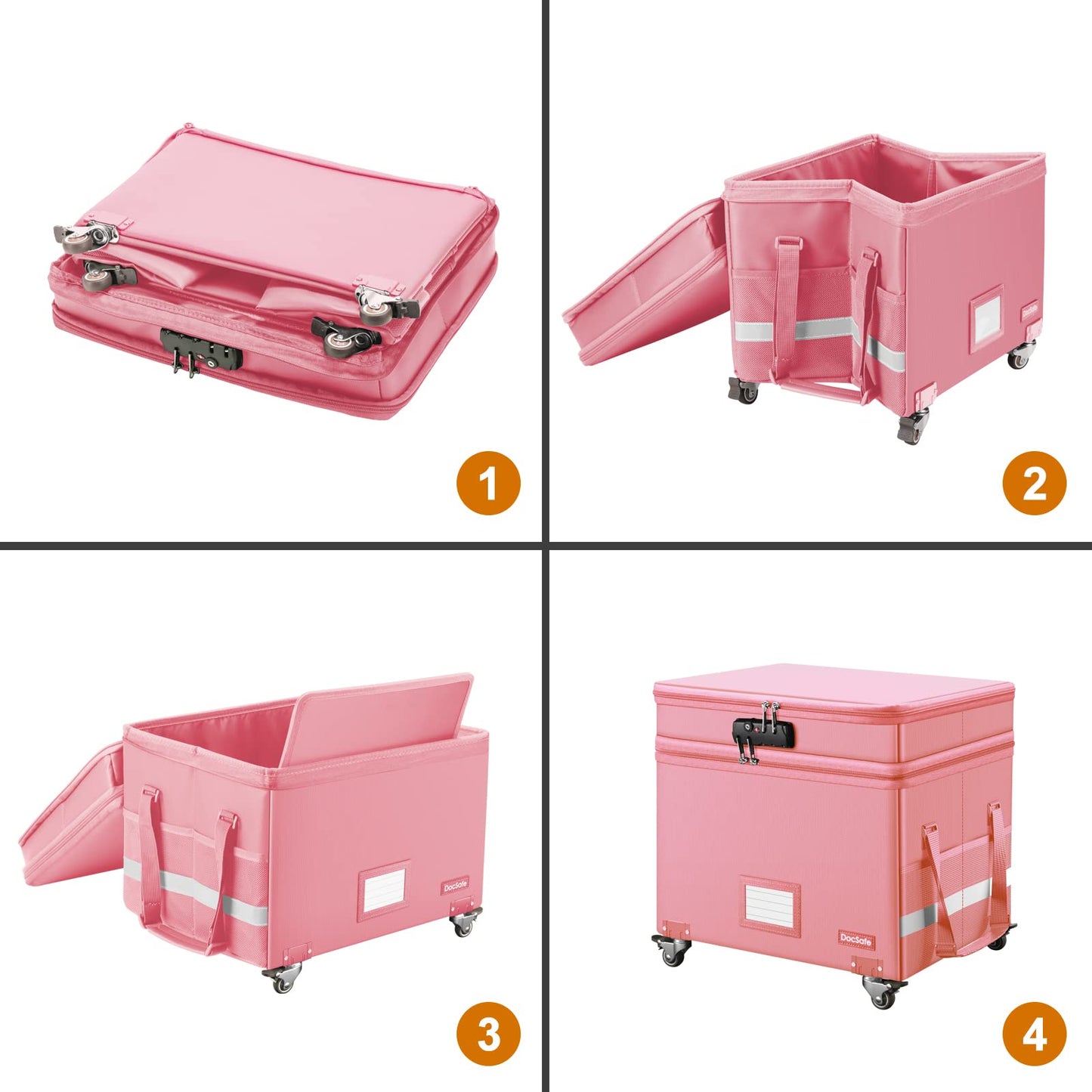 DocSafe File Box with Lock,2-Layer Fireproof Document Box with Wheels,Collapsible Rolling File Storage Organizer with Pockets,Large Portable Home Office Filing Cabinet Safe for Hanging Folders,Pink