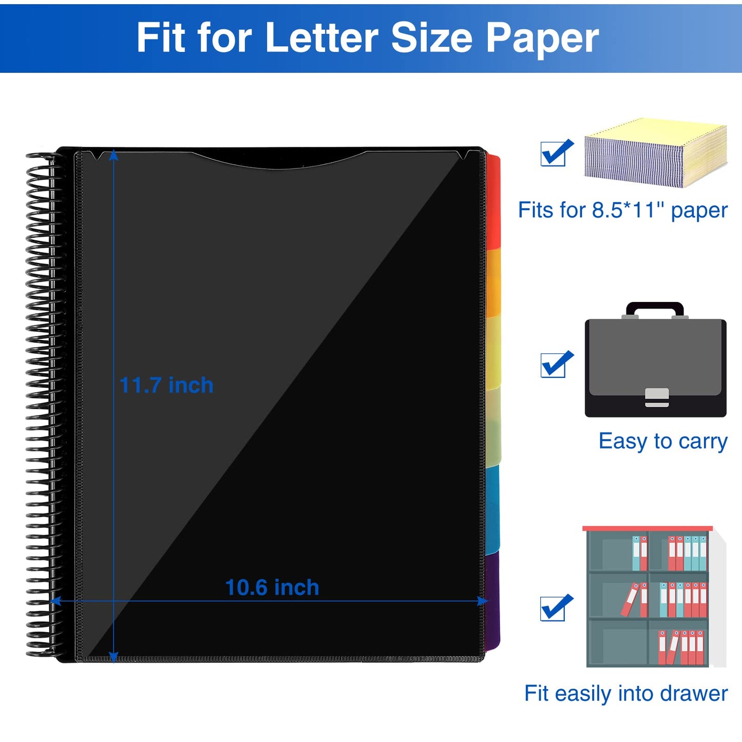 12 Pocket Project Organizer, Forvencer 1/6-cut Tab Binder Organizer with Sticky Labels, Multi Pocket Folder with Zipper Pouch, Folder Binder Spiral Pocket Notebook, Office Supplies, Letter Size, Black