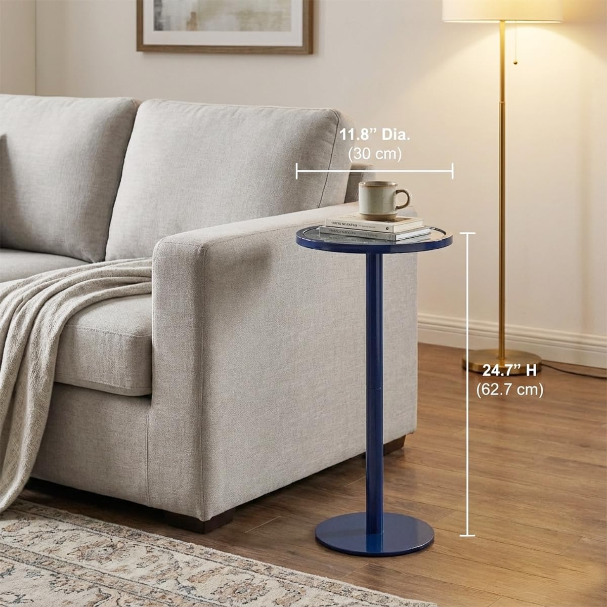 ZEXVIDA Navy Blue Drink Table, Indoor Outdoor Small Round Side Table with Tempered Glass & Scroll Design, 24.7" Metal Pedestal End Table for Living Room,Patio, Pool, Coastal Nautical Decor (Navy Blue)