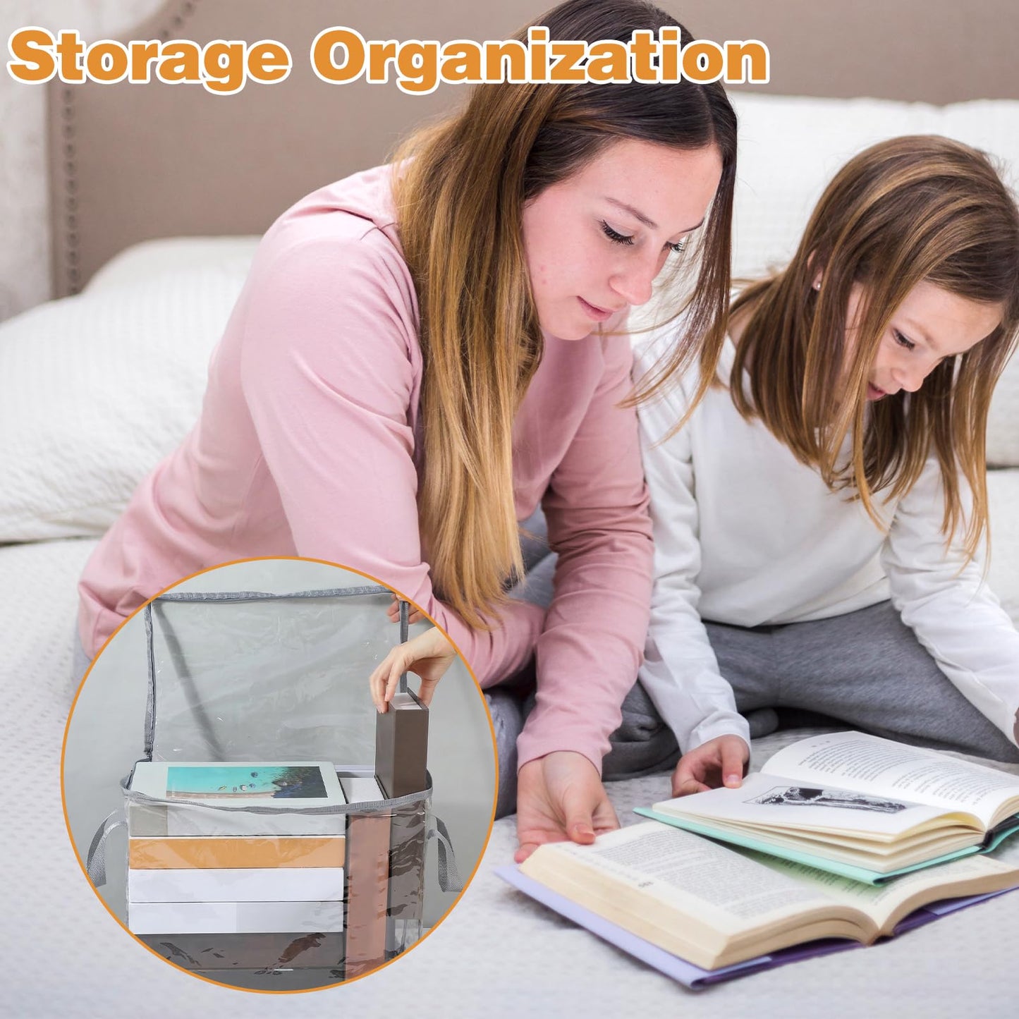 4 Pcs Clear Book Storage Bag, 15'' x 12.6'' x 9.4'' Plastic Comic Books Organizer Foldable Book Display Case with Lid and Lifting Handle for Books DVD Clothing