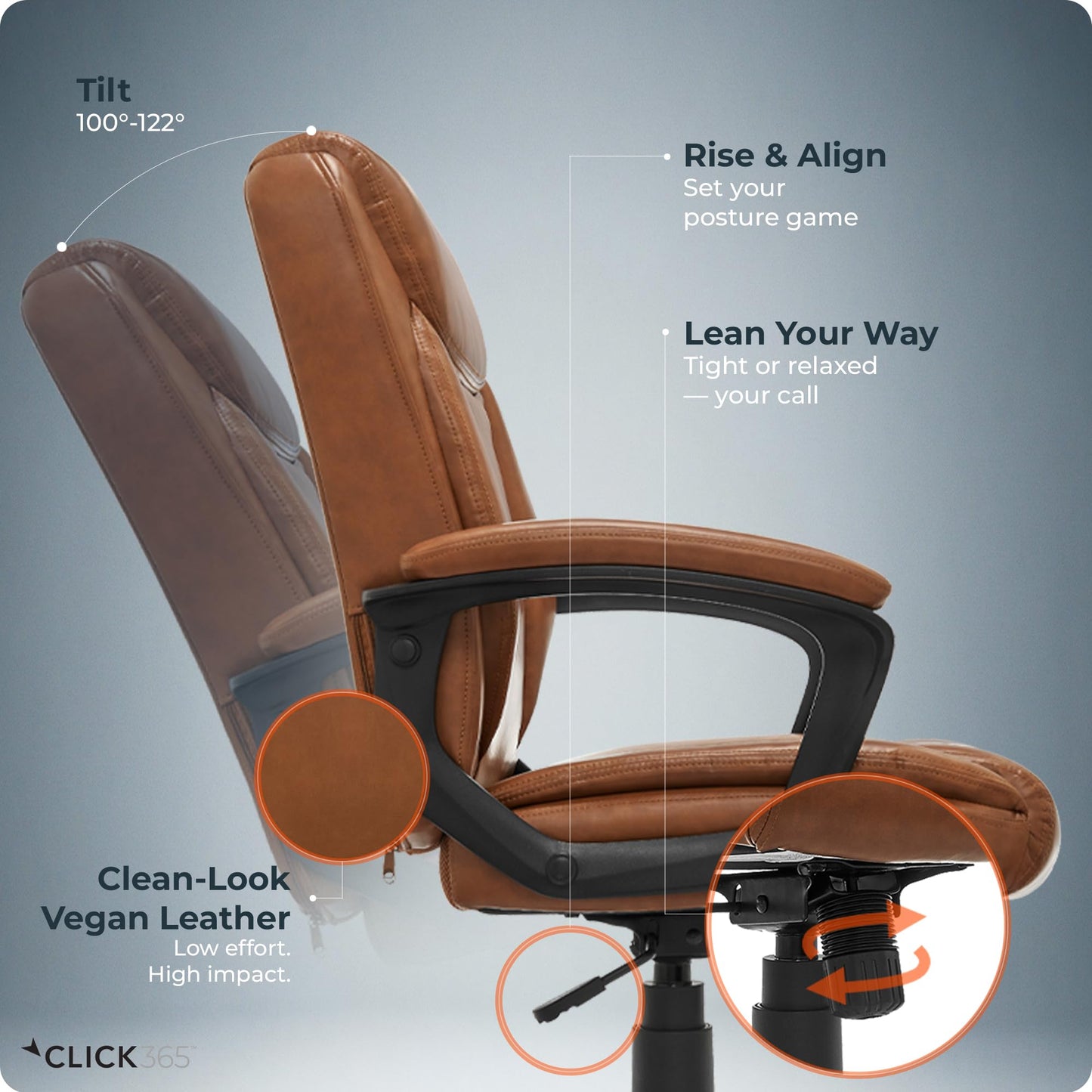 Click365 Transform 1.0 Ergonomic Office Chair, Mid Back Desk Chair with Padded Arms, Lumbar Support, Adjustable Height, Tilt Recline, Swivel Computer Chair, Bonded Leather, Cognac