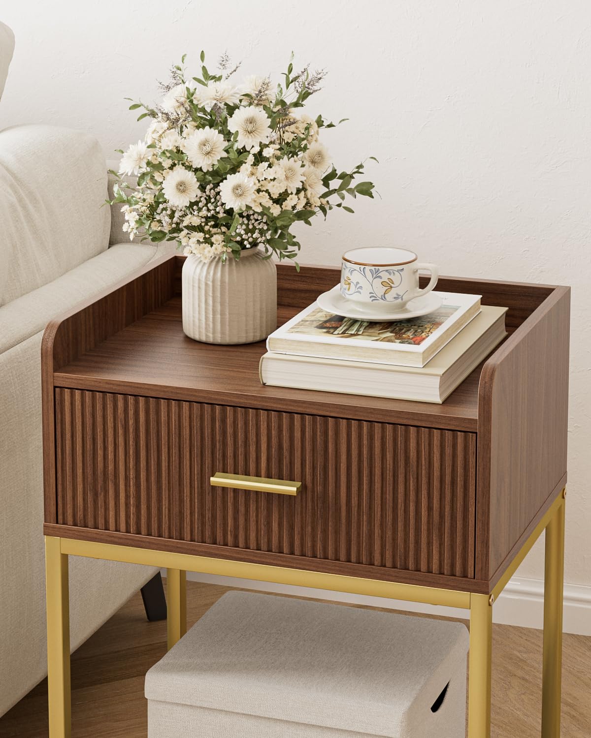 Apetaccat Nightstand, 3-Tier Bed Side Table, Small End Table, Night Stand with Open Shelf and Drawer, Bedside Table for Bedroom, Living Room, Walnut