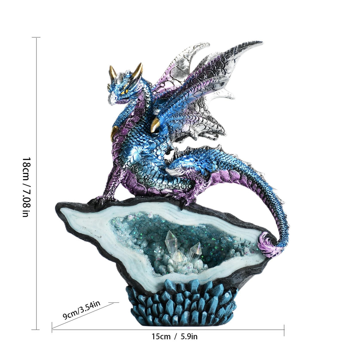 KalyZ@rts Mystic Dragon Crystal Cave Statue, Handcrafted Resin Art Sculpture with Geode, D&D Decor, Fantasy Gifts, Perfect Fantasy Decor for Desk/Home/Office & Unique Gift （Blue Dragon