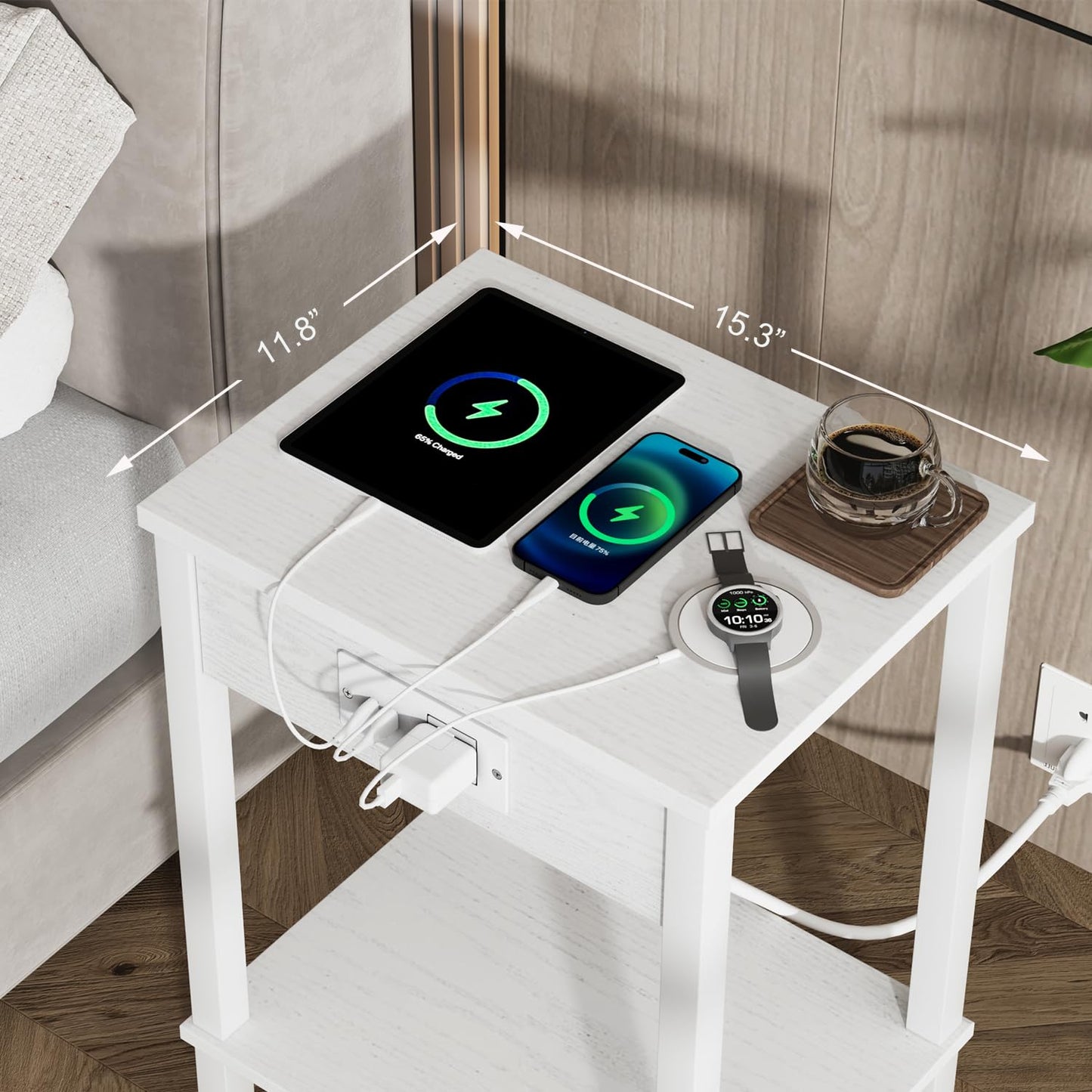 VIMBER Side Table with Charging Station, Set of 2 End Tables with USB Port and Outlets, Nightstands with 2-Tier Storage Shelves, Sofa Table for Small Space, Living Room, Bedroom, White UTBT102W2