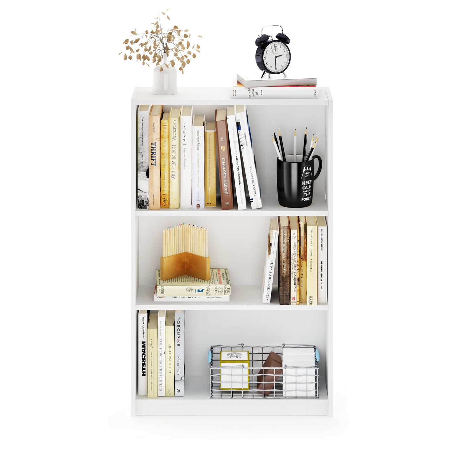 Furinno Jaya Book Shelf, 3-Tier Bookshelf, Bookcase with Adjustable Shelves, 9.5 x 24.5 x 40.3, for Organization and Storage, for Living Room, Bedroom, Home Office, White