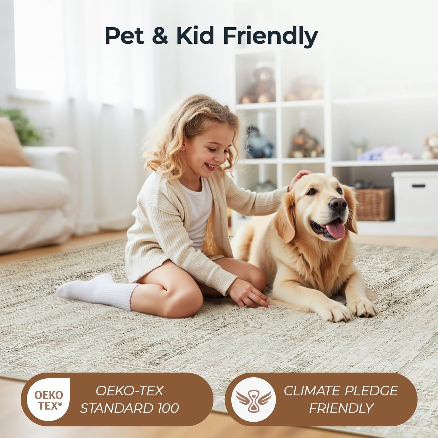 Carpelux Washable Large Area Rugs 8x10 for Living Room Bedroom Dining Room, Luxury Cozy Neutral Retro Distressed Stain Resistant Beige Rug, Soft Faux Wool Non Slip Indoor Foldable Carpets
