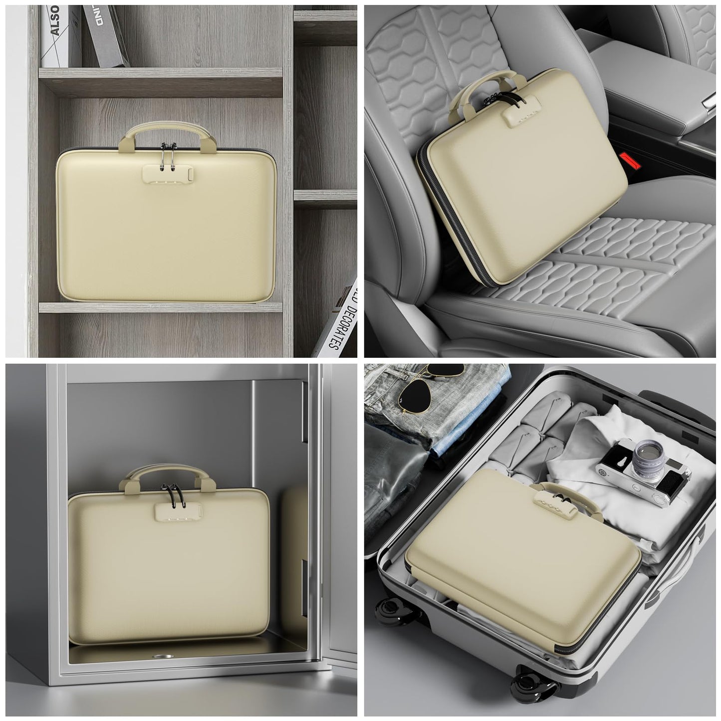 DocSafe Fireproof File Organizer with Lock, Hard-Shell Case Fireproof Document Box with 13 Pocket Accordion File Folder, Portable Home Office Travel Safe Storage for Important Documents Laptop Beige