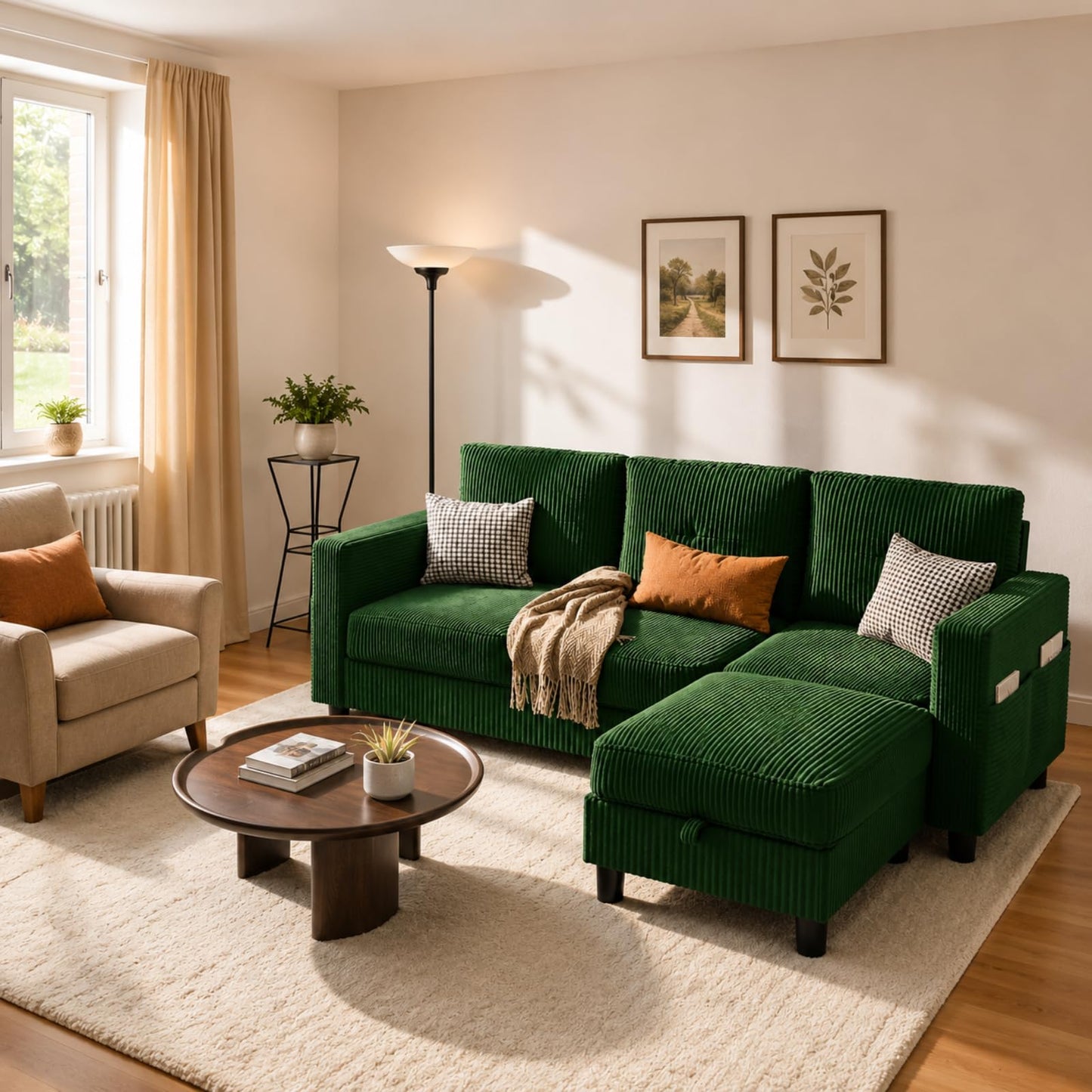 Convertible Sectional Sofa with Storage Ottoman, 77” L-Shaped 3-Seat Couch with Skin-Friendly Corduroy Fabric, Reversible Small Sectional for Small Space, Apartment, Living Room and Office(Green)