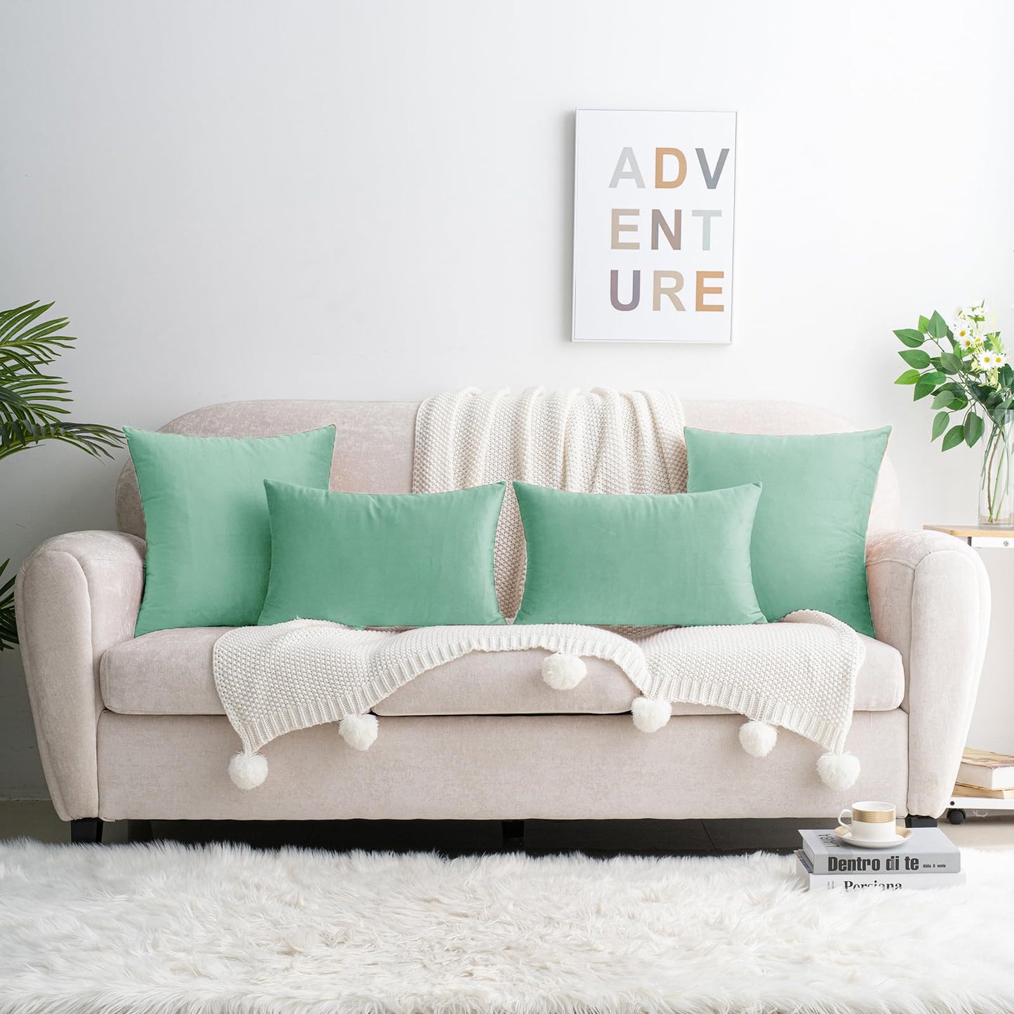 HWY 50 Aqua Green Velvet Throw Pillow Covers 18x18 Inch, Pack of 2 Soft Cozy Solid Decorative Luxury Cushion Cases for Couch Sofa Bed Living Room Bedroom