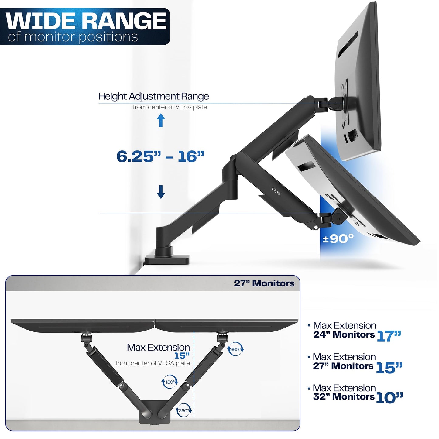 VIVO Dual Monitor Stand, Fully Adjustable Arms for 17 to 32 inch Screens, Mechanical Articulating Desk Mount, Gaming and Office Setups, VESA 75x75, 100x100, Max 19.8 lbs, Classic, Black, STAND-V002O