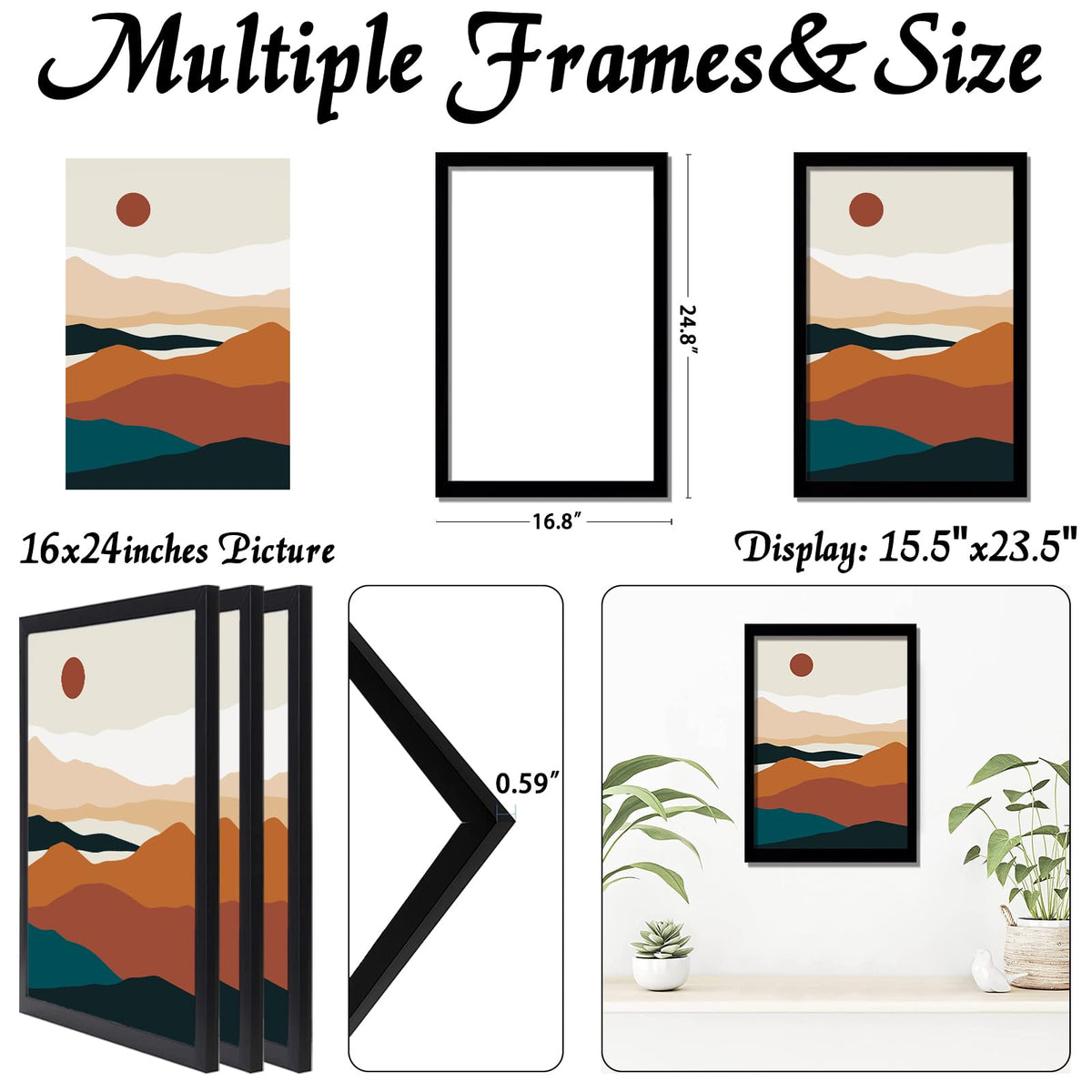 ijuerybai Black 16x24 Picture Frame Set of 3, High Transparent Frame for 16 By 24 Photo Collage Canvas Poster Size Wall Mount and Tabletop Horizontally Vertically (Black, 16 x 24 inches)