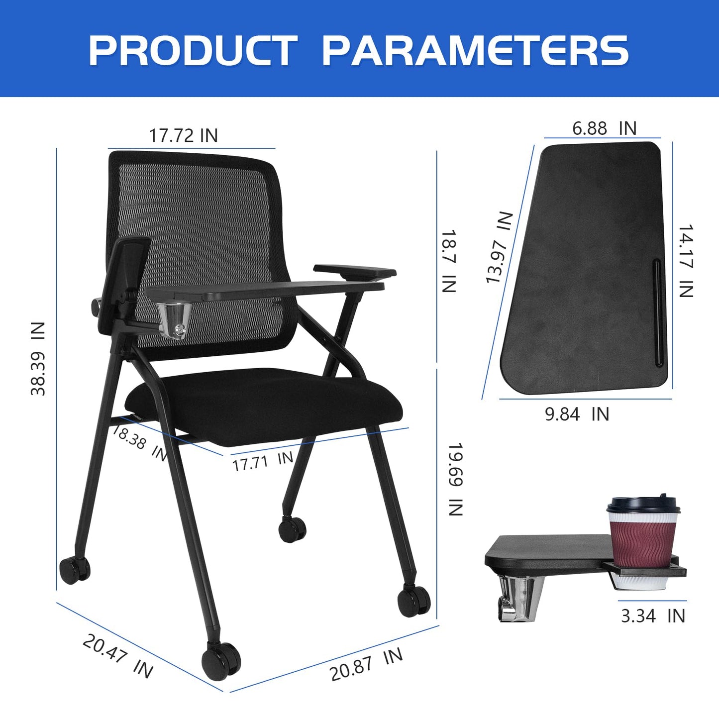 BLANEDUO Updated Conference Room Chairs with Tablet Arm, Folding Office Desk Chair with Lumbar Support and Sliding Armrest with Casters, Stackable Office Guest Chairs & Reception Chairs, 1 Pack Black