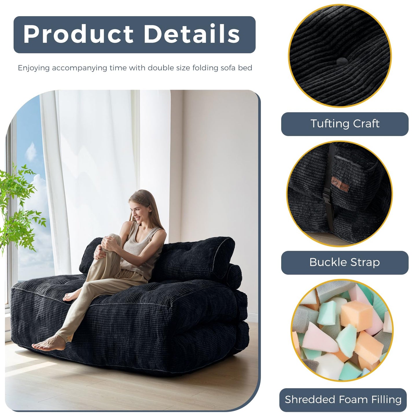MAXYOYO Folding Sofa Bed, Convertible Chair with Pillow Foldable Couch with Back Support, Portable Fold Out Chair Bed Comfy Floor Sofa Lounge for Living Room Bedroom, Black Double