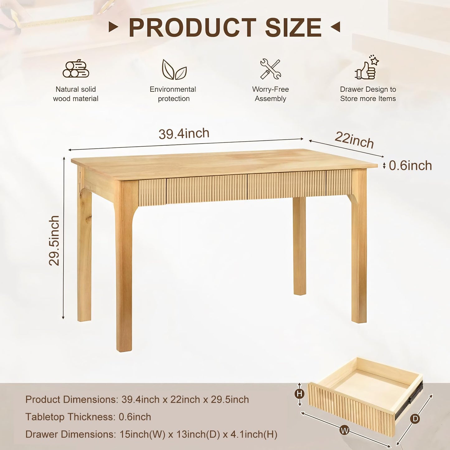 Solid Wood Desk with 2 Drawers,Mid Century Modern Fluted Writing Desk for Home Office,Bedroom,Living Room,Computer Table for Study/Work,oak wood,Easy Assembly. (Nature, 39.4"L x 22"W x 29.5"H)
