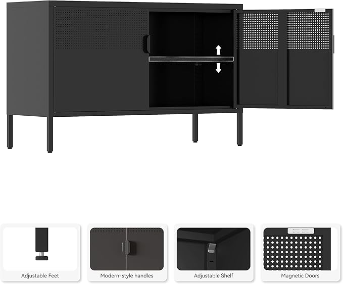 Metal Storage Cabinet, 2 Door TV Stand, Metal Mesh Accent Cabinet, Magnetic