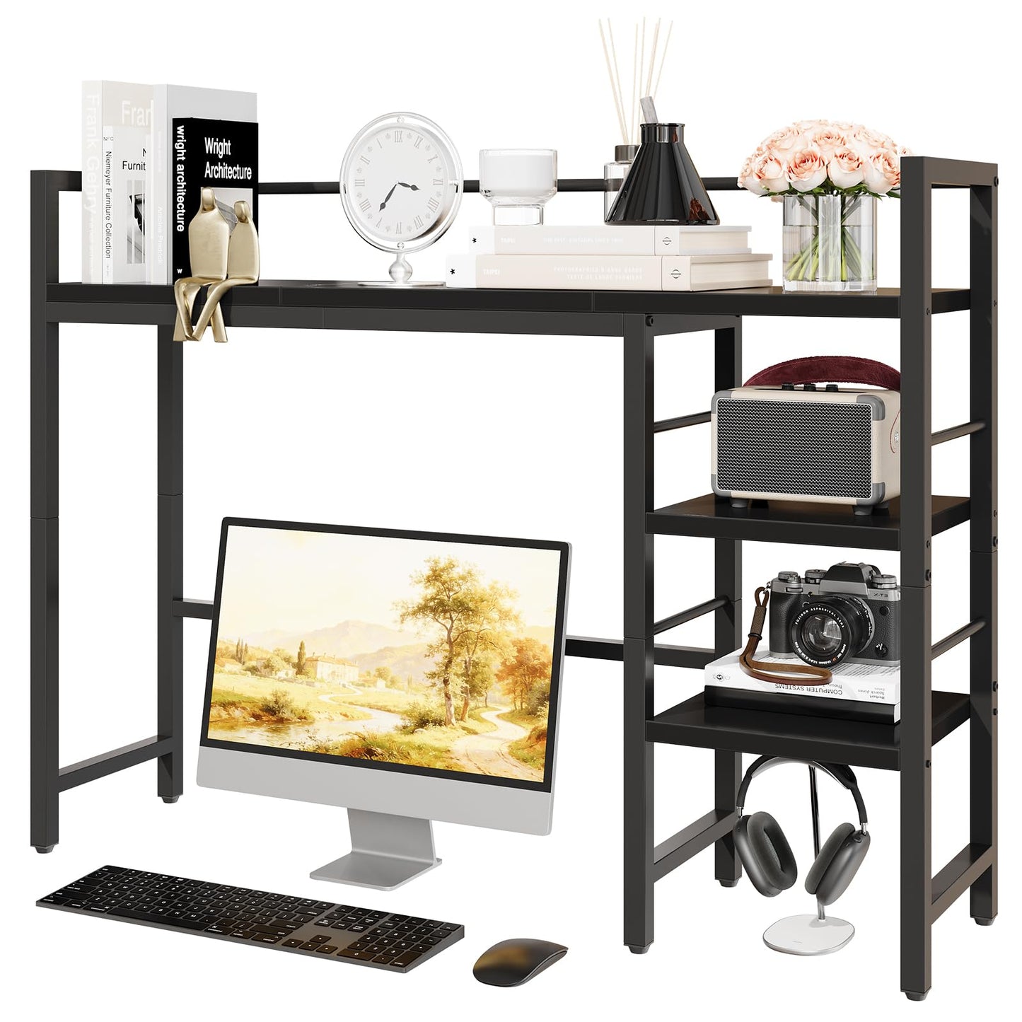 HavenlyYouth Desk Shelf, 38.6 Inch Wood Desk Organizer Shelf for Computer Monitor, Desk Hutch Storage, Desktop Shelf for Top of Desk, 3 Tier Desktop Bookshelf for Home Office Dorm, Black