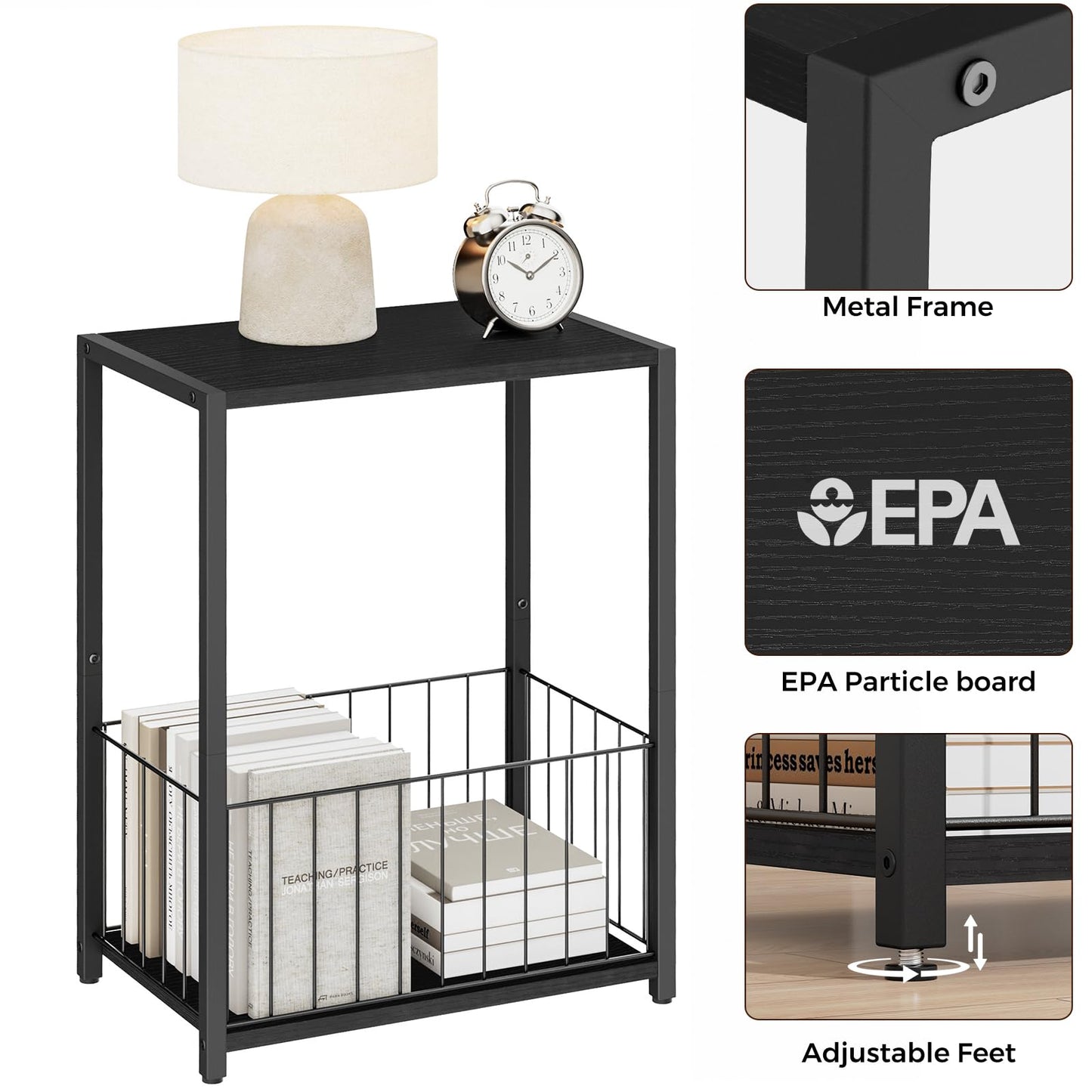 Homleke Side Table with Magazine Holder, Record Player Stand with LP Shelf, End Table for Living Room, Bedroom, or Bedside, Easy Assembly, 11" D x 16.9" W x 23.6" H, Black