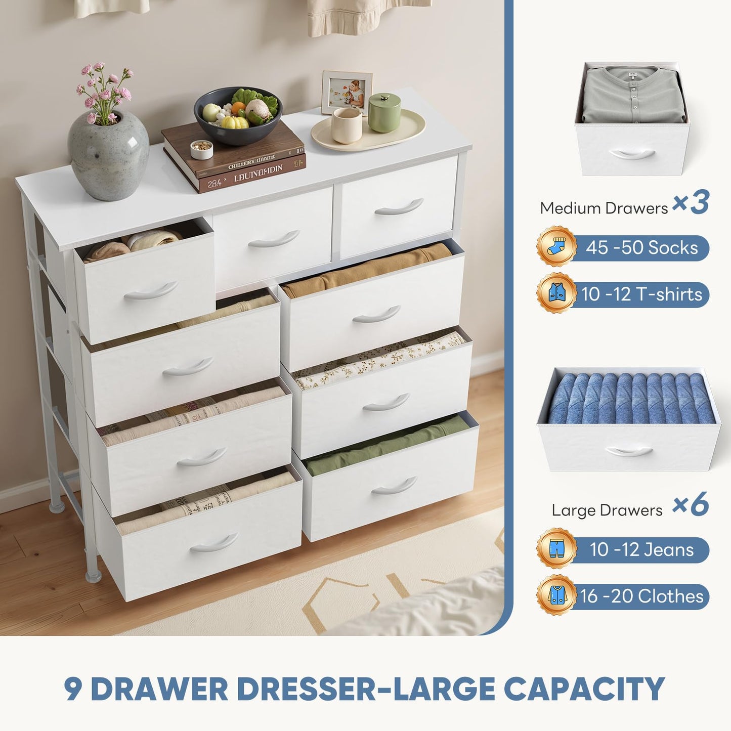 DUMOS Dresser for Bedroom, Storage Organizer with 9 Drawers, Chest of Drawers with Fabric Bins, Sturdy Metal Frame, Wood Tabletop for Guest Room, Closet, Entryway, White
