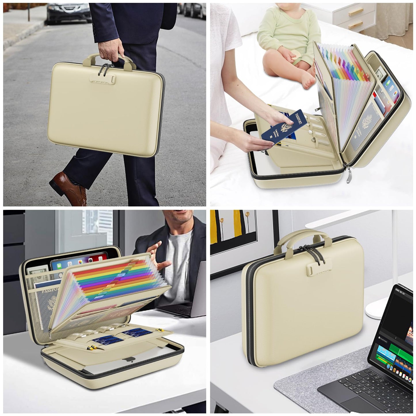 DocSafe Fireproof File Organizer with Lock, Hard-Shell Case Fireproof Document Box with 13 Pocket Accordion File Folder, Portable Home Office Travel Safe Storage for Important Documents Laptop Beige