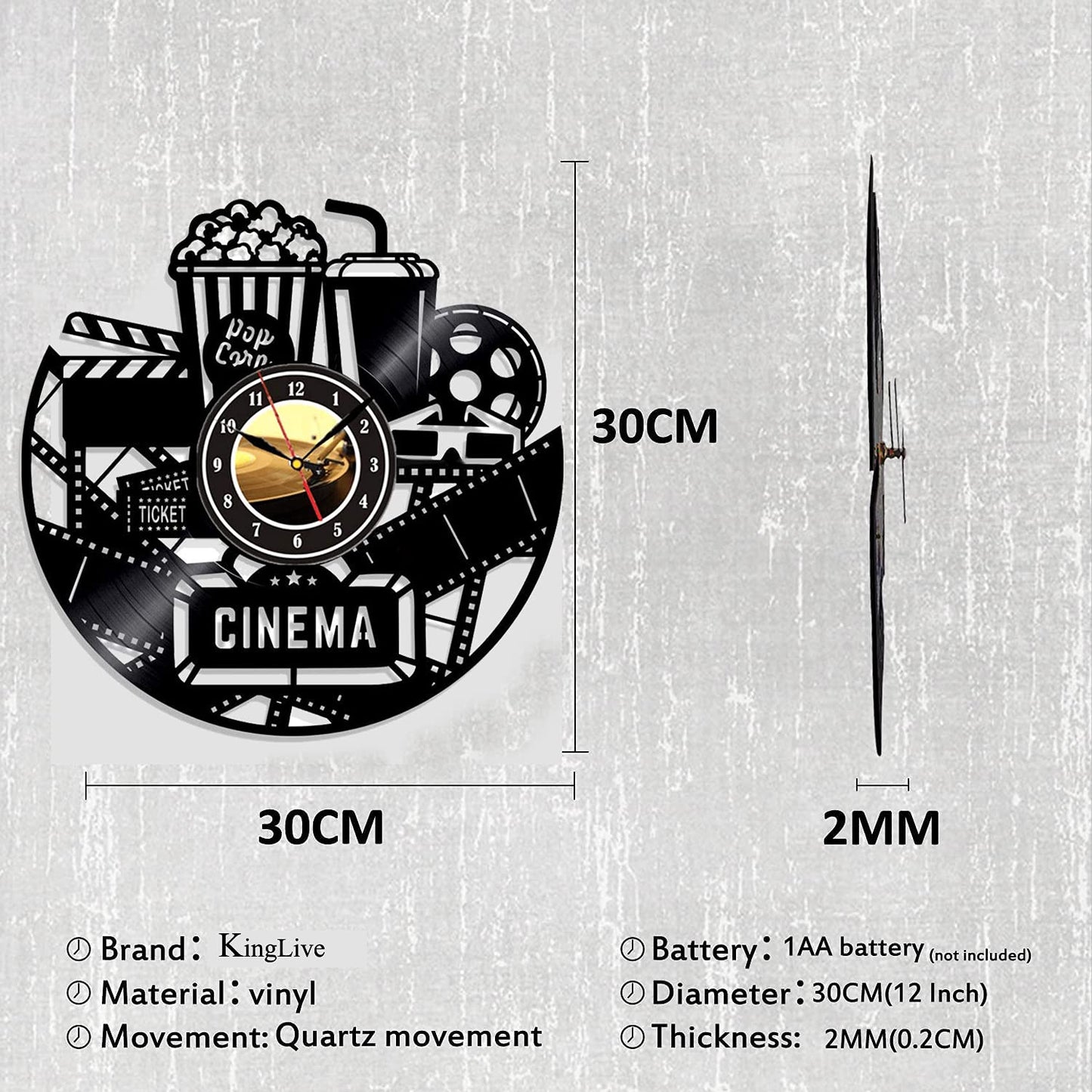 Home Theater Cinema and Popcorn Vinyl Record Wall Clock Movie Film Time Clock Watch Room Wall Home Theater Wall Decor Wall Art Gift for Movie Lover (NO LED)