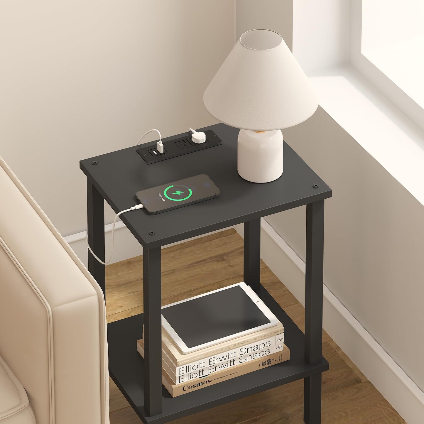 TUTOTAK End Table with Charging Station, Side Table with USB Ports and Outlets, Nightstand, 2-Tier Storage Shelf, Sofa Table for Small Space TB01BK040