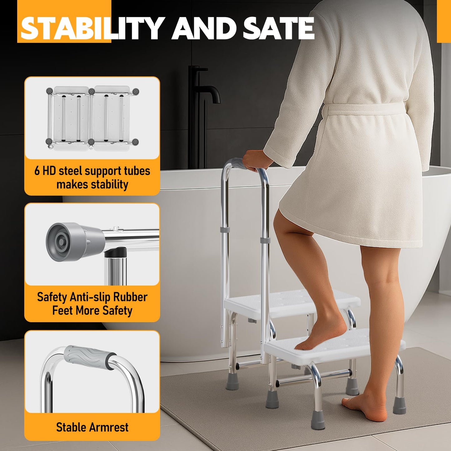 SPECILITE 2 Step Stool with Handle, Heavy Duty Foot Stool with 10 Height-Adjustable Handrail, Non-Slip Platform and 4 Buckles for Bed, RV, Kitchen, Bathtub, 360lbs Standing aids for Elderly, Adult