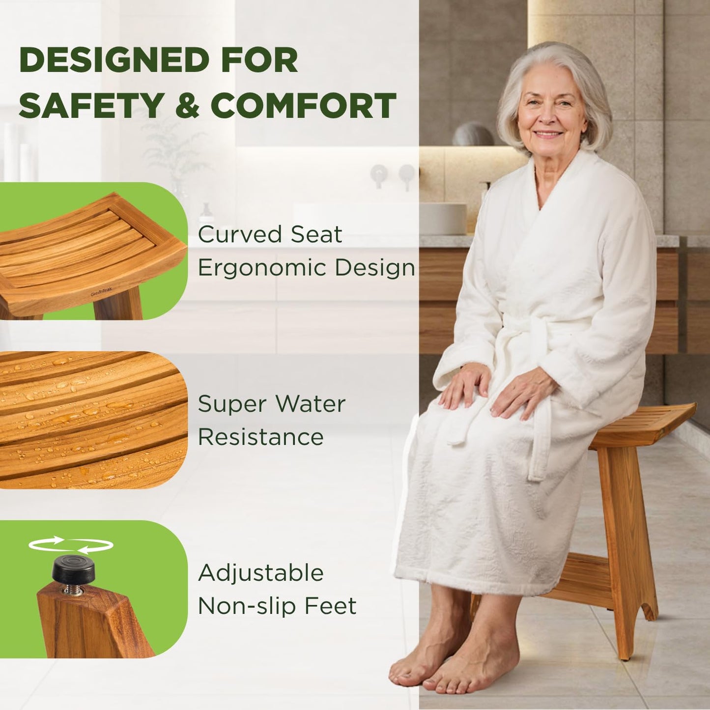 GREENTEAK Premium 18" Teak Wood Shower Bench with Shelf, 2-Tier Waterproof Teak Shower Stool, Non-Slip Feet for Enhanced Safety, Spa Bath Seat for Bathroom, Indoor & Outdoor, 300 lb Capacity (Curved)