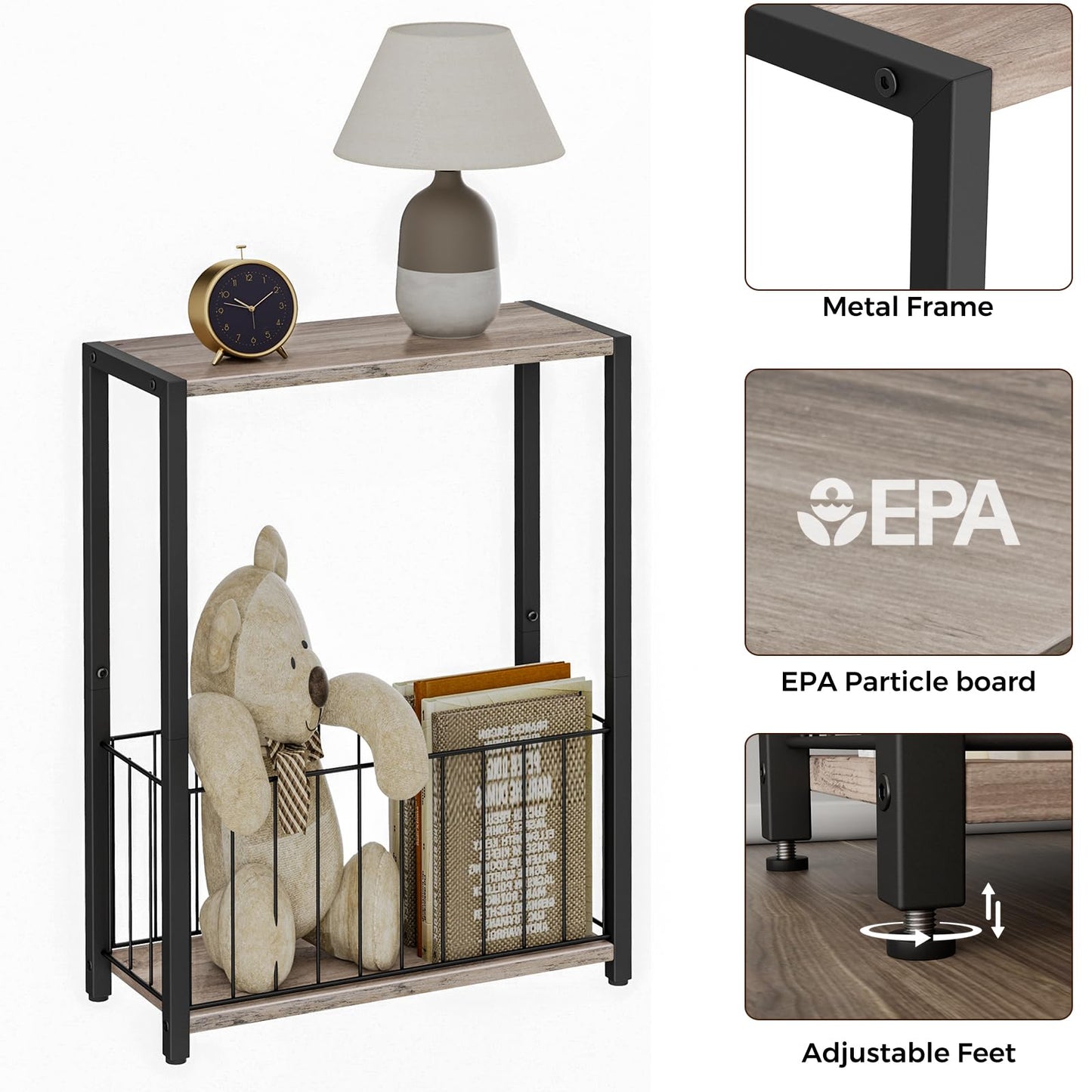 Homleke Narrow Side Table with Magazine Holder, Skinny End Table Perfect for Small Spaces, Space-Saving Design for Living Room, Bedroom, or Office, 7.1" D x 16.9" W x 23.6" H, Greige