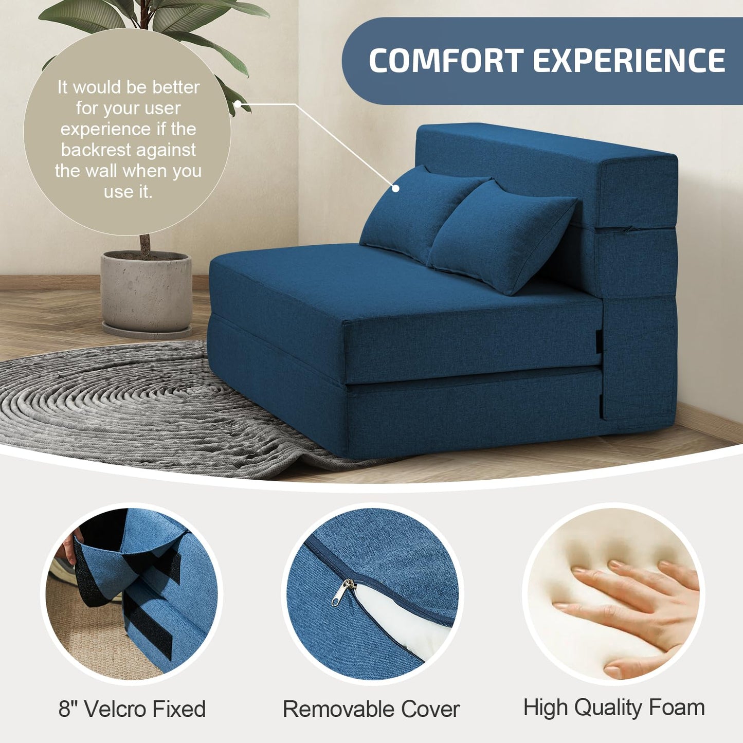 SUYOLS Folding Sofa Bed with Pillow- Convertible Chair Floor Couch & Sleeping Mattress, Foldable Memory Foam Sleeper for Living Room/Dorm/Guest Room/Home Office/Apartment/Loft,Twin,Navy Blue
