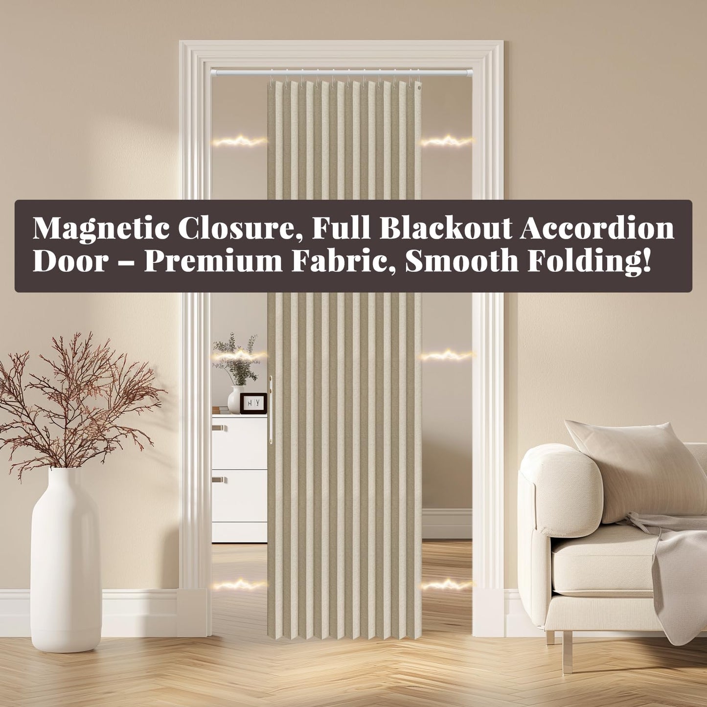 AJAZZ 100% Blackout Magnetic Door Curtain Accordion Doors Interior Folding Closet Door Curtain Invisible Applicable Bedroom Room Living Room Doorway （Cream Yellow 42" W x 78" L 1 Panel