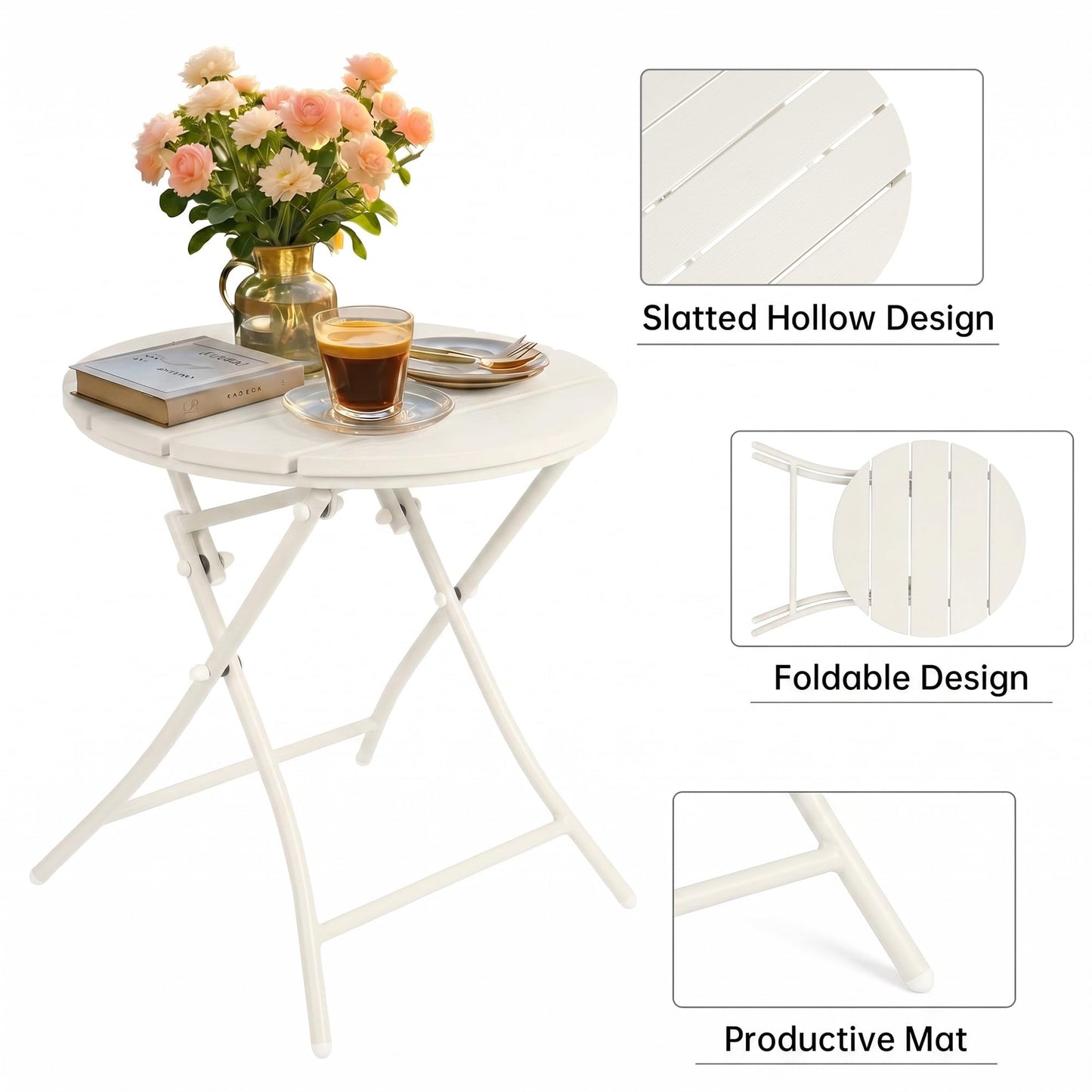 TeoKJ Folding Small Outdoor Side Tables, HDPS Patio Table with Metal Legs, Outdoor Small Round Table for Garden,Deck, No Assembly Patio Table Round Nightstand for Porch Yard Balcony Deck Lawn, White