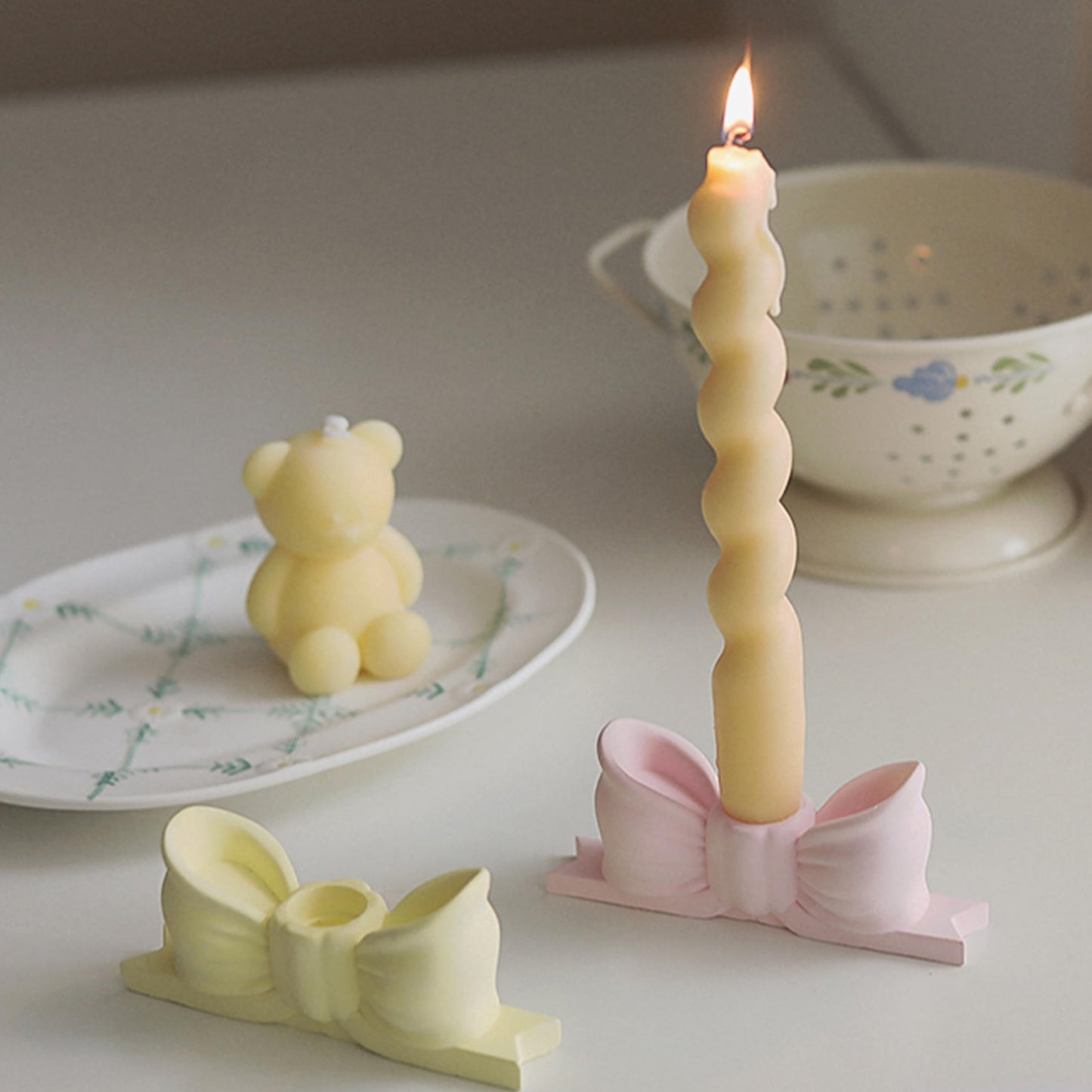 Candle Holder Set of 2, Yellow Bow Candlestick Holders Fit 0.59 Inch Candles, Gypsum Candelabra Decorative Candle Stand Centerpiece for Table Wedding Dinning Party