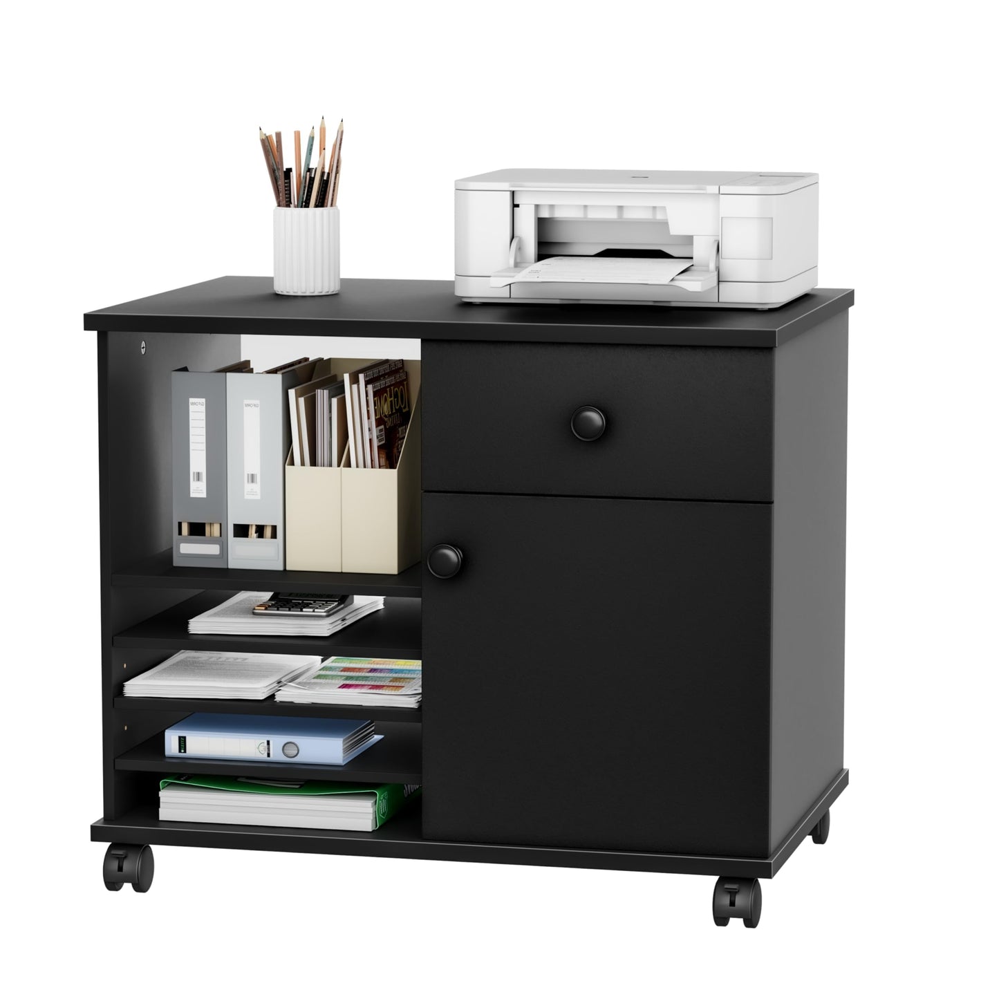 Quikraen Wooden Rolling File Cabinet Black Mobile Lateral Office Filing Cabinets with Doors and Open Adjustable Shelves Lateral Printer Stand with Drawer for Office Supplies