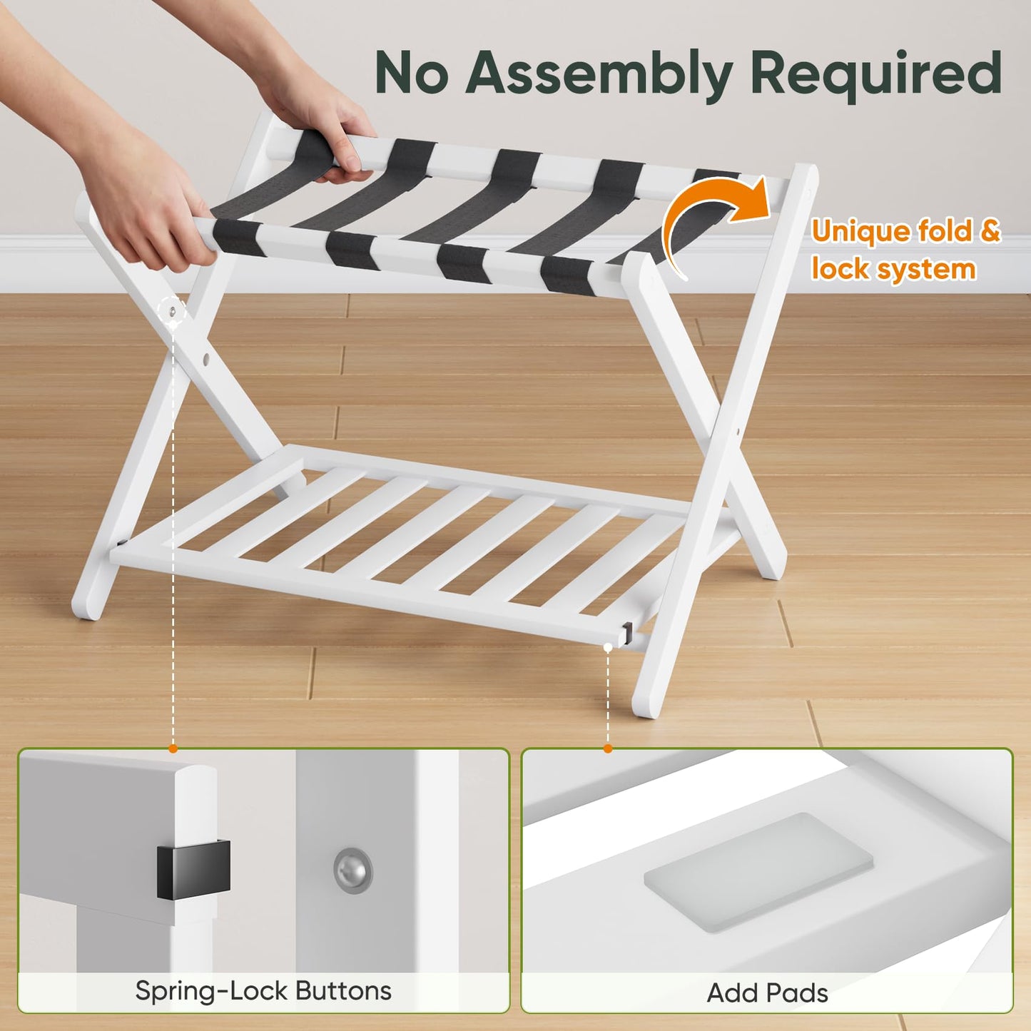 Smart FENDEE Fully Assembled White Bamboo Luggage Rack, 5 Straps Folding Suitcase Stand with Shoe Shelf, Heavy Duty Wood Large Luggage Holders for Guest Room, Bedroom, Hotel