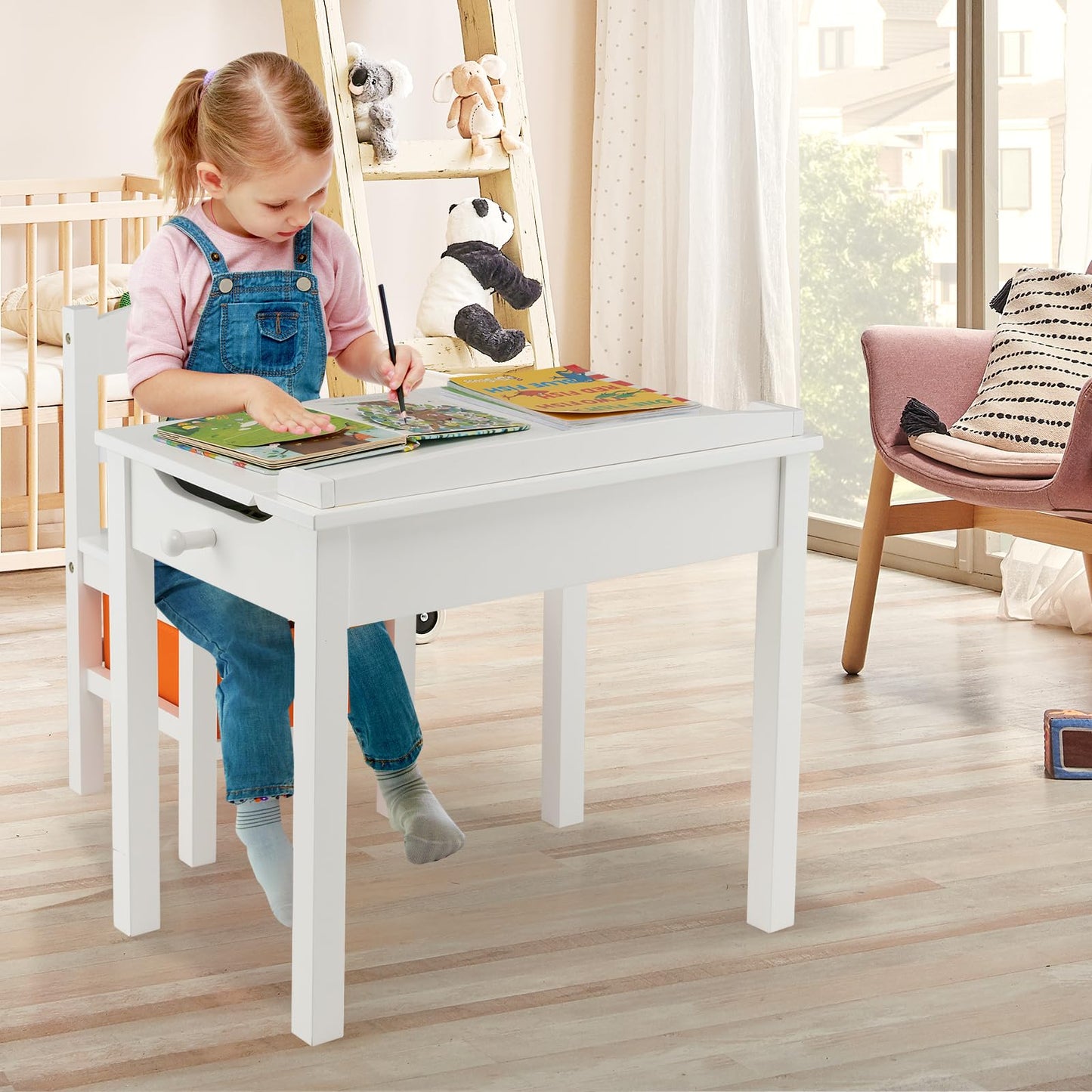 HONEY JOY Kids Table and Chair Set, Wooden Lift-Top Desk & Chair with Storage, Safe Hinged Lid, Activity Table Set for Craft Art, 2-Piece Children Furniture Set for Daycare, Kindergarten(White)