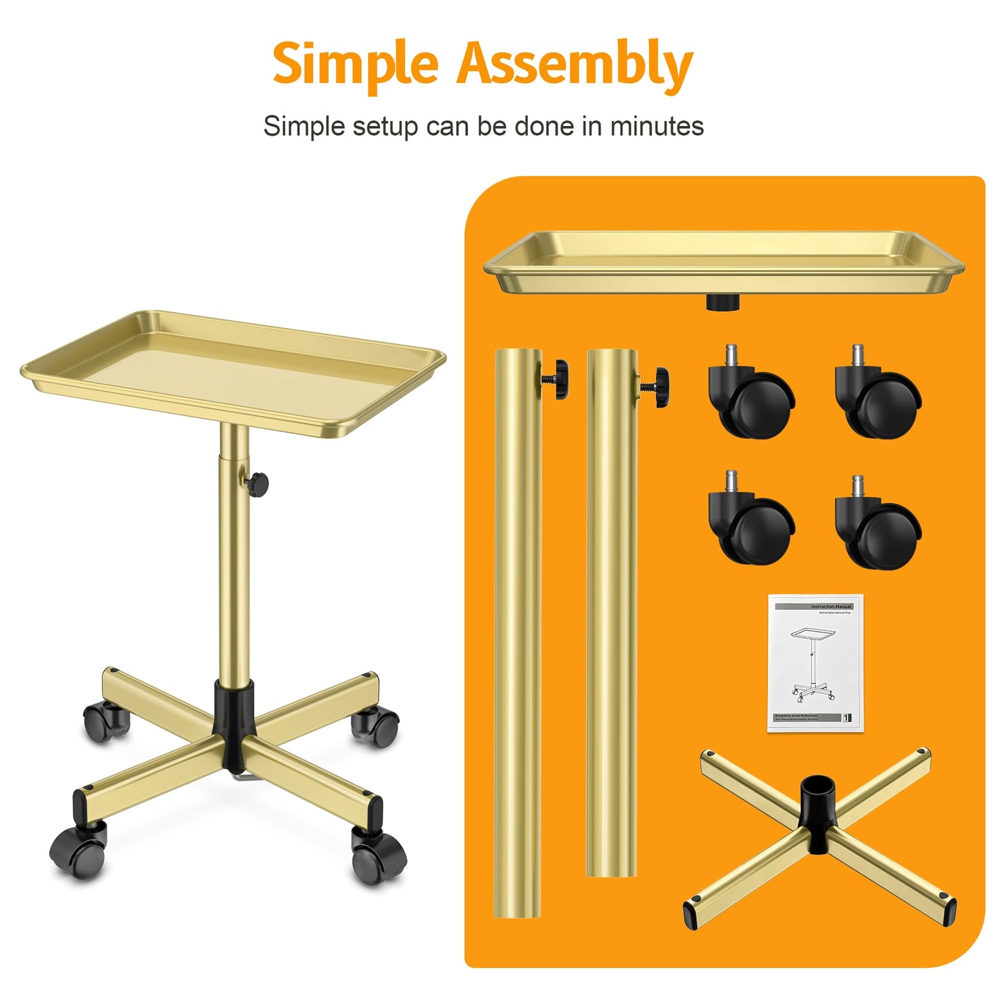 DEER BEAUTY Salon Tray on Wheels - Premium Aluminum Tattoo Tray Rolling Trolley - Adjustable Salon Service Rolling Tray Hairdresser Cart with Clinic Spa Rolling Tray Wheels (Bronze)