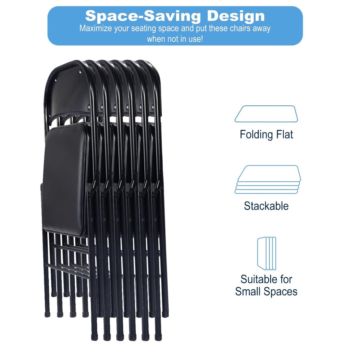 Homnso 6 Pack Black Folding Chairs with Padded Seats and Back, Portable Stackable Commercial Folding Chairs with Steel Frame for Home Office Wedding Party Indoor & Outdoor Events, 330lbs Capacity