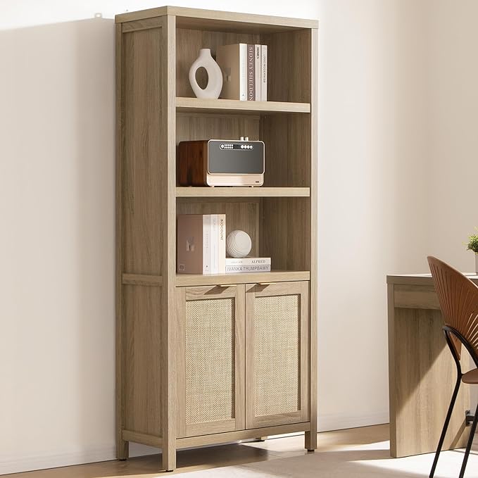 SICOTAS Bookcase 71" Tall Bookshelf 5 Tier Rattan Boho Bookcase
