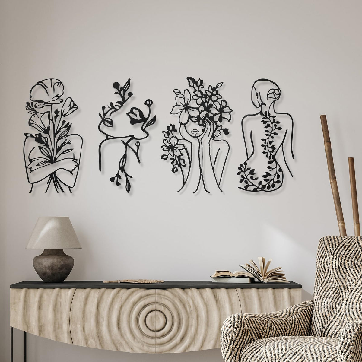 Therwen 4 Metal Wall Art Decor Minimalist Abstract Woman Single Line Drawing Wall Art Female Home Decor Hanging Art Print for Bedroom Bathroom Living Room, Black 17 x 10 in(Stylish Style)