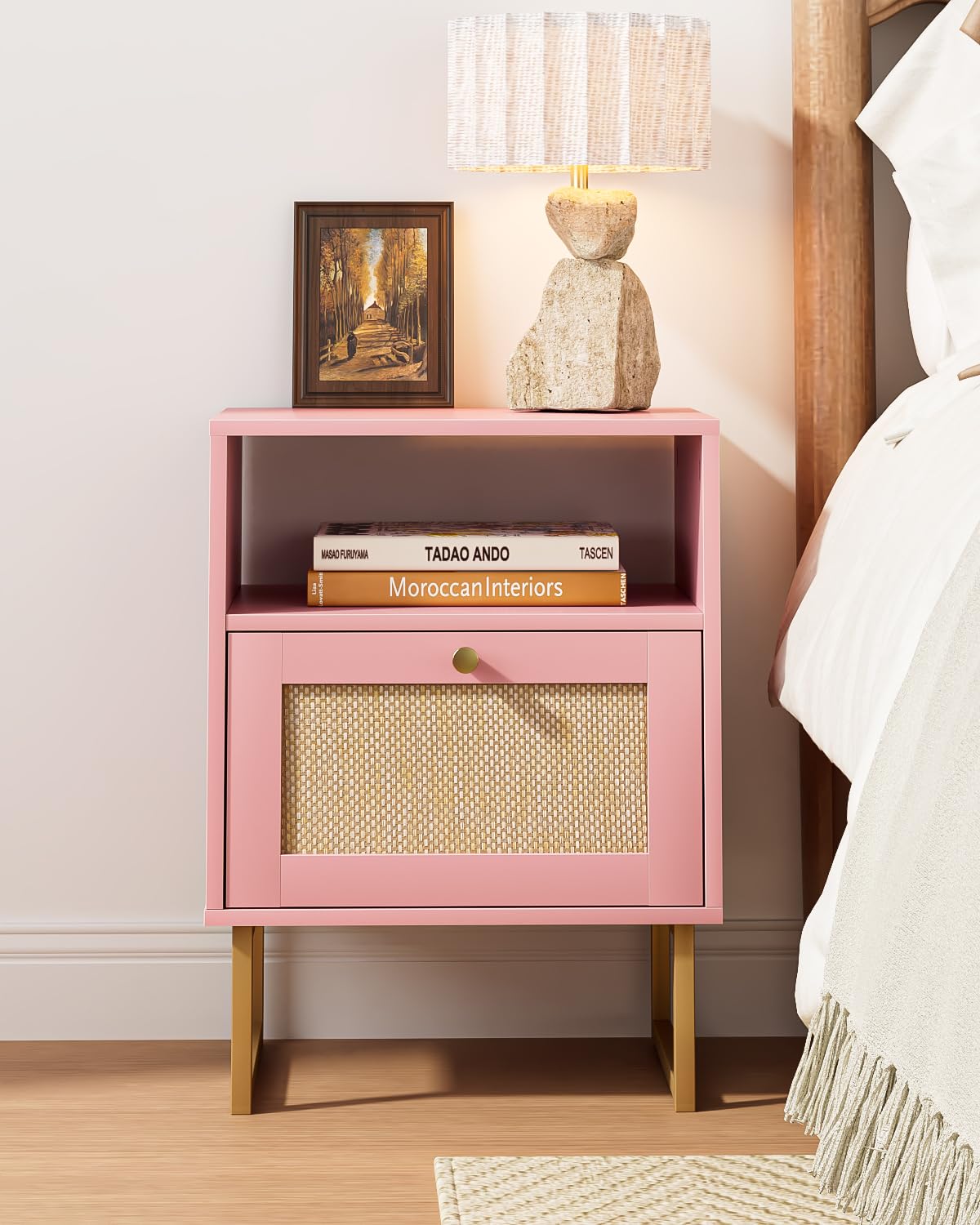 Apetaccat Rattan Nightstand, Boho Night Stand Farmhouse Wood Bedside Table with Storage and Open Shelf, End Side Accent Table for Bedroom,Living Room,Pink