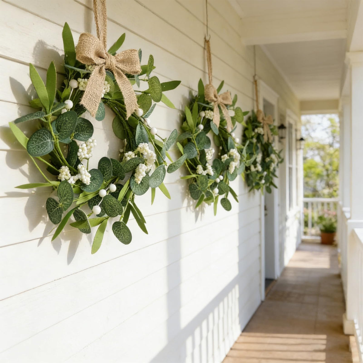 4 Pcs Green Artificial Eucalyptus Candle Rings Wreaths Mini Green Kitchen Cabinet Wreath Table Centerpieces Spring Summer with White Berry for Pillars Farmhouse Porch Front Door Wedding Decor