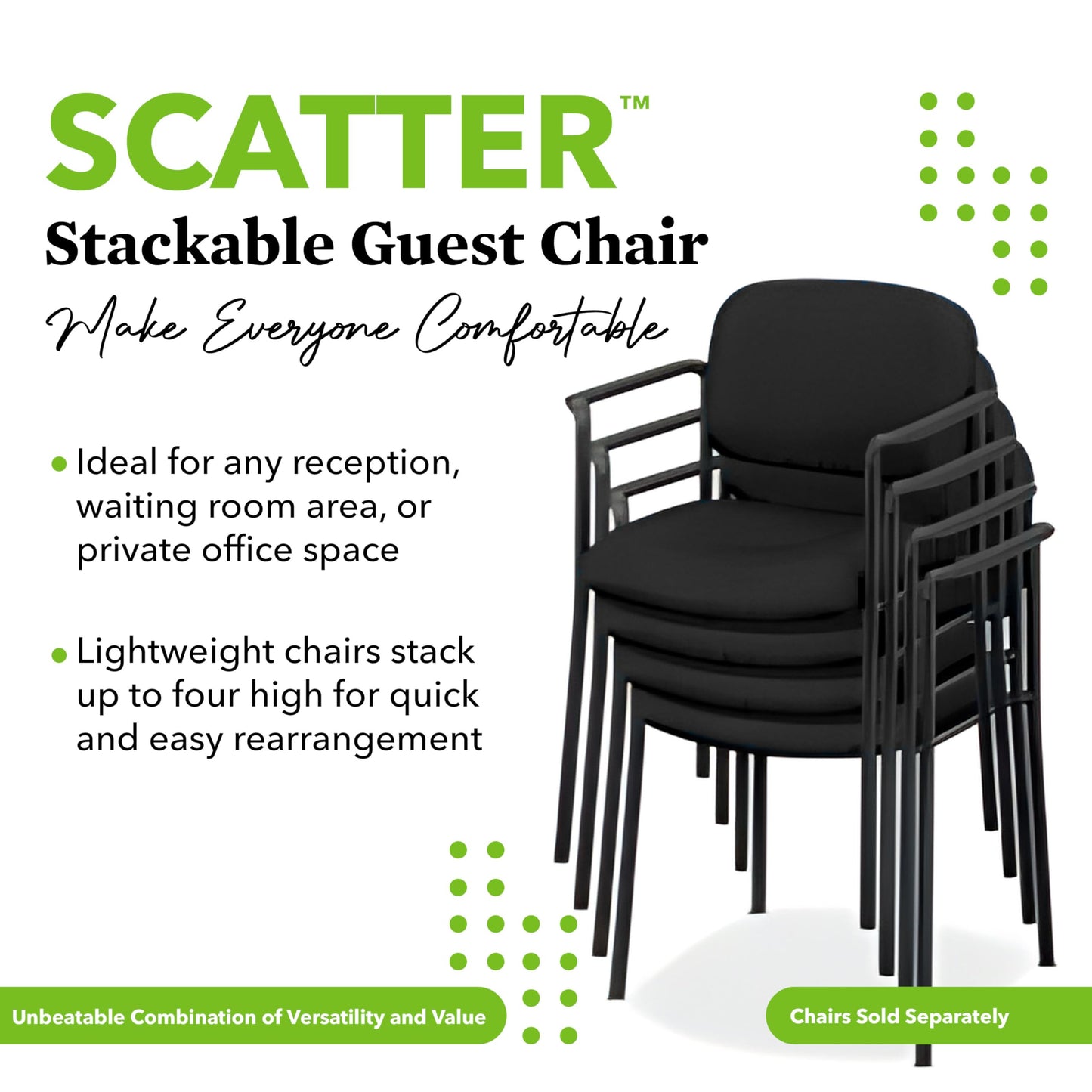 HON Scatter Leather Guest Office Chair with Arms, Stackable Seating for Waiting Rooms, Lobbies, Conference Areas, and Offices, Side Chair for Reception and Training Spaces, Black