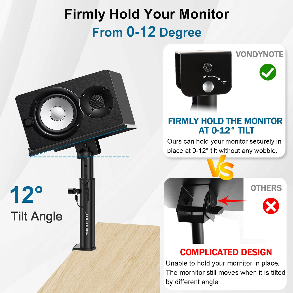 Vondynote Studio Monitor Stands Pair Heavy Duty Desk Clamp Speaker Stands with Adjustable Tilt Angle Tray of 0-12 °