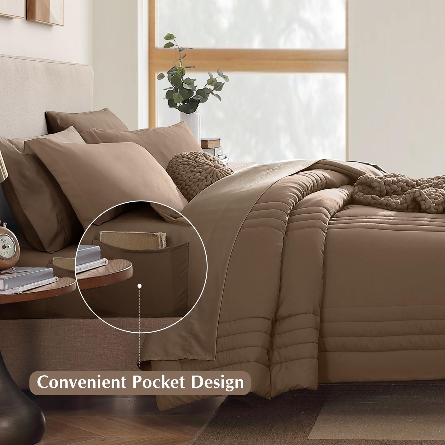 Monbix King Size Comforter Set - 7 Pieces Bed in a Bag King, Raw Umber King Bedding Sets with Comforter, All Seasons Comforter Bed Set with Sheets, Pillowcases & Shams
