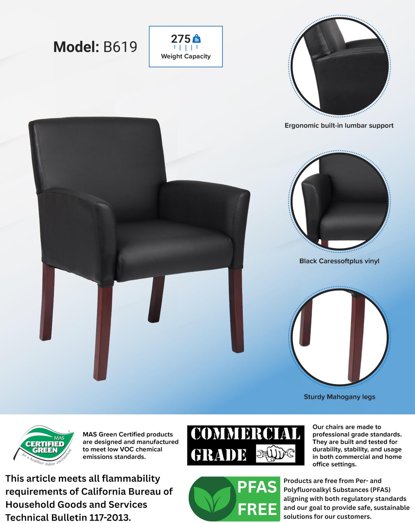 Boss Office Products Box Arm Guest Chair with Mahogany Finish in Black, 250 (B619)