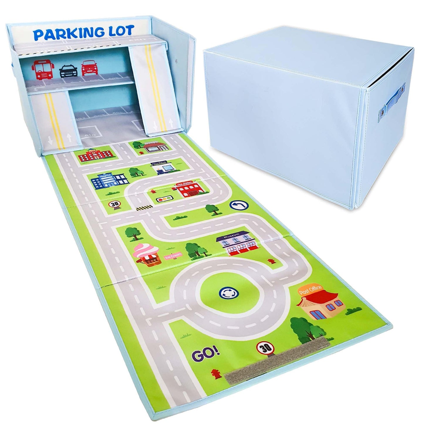 SAM AND MABEL Toy Car Garage Box with Play Mat – Kids' Racecar Storage Basket, Stackable and Collapsible Organizer Bin (Cars Not Included)