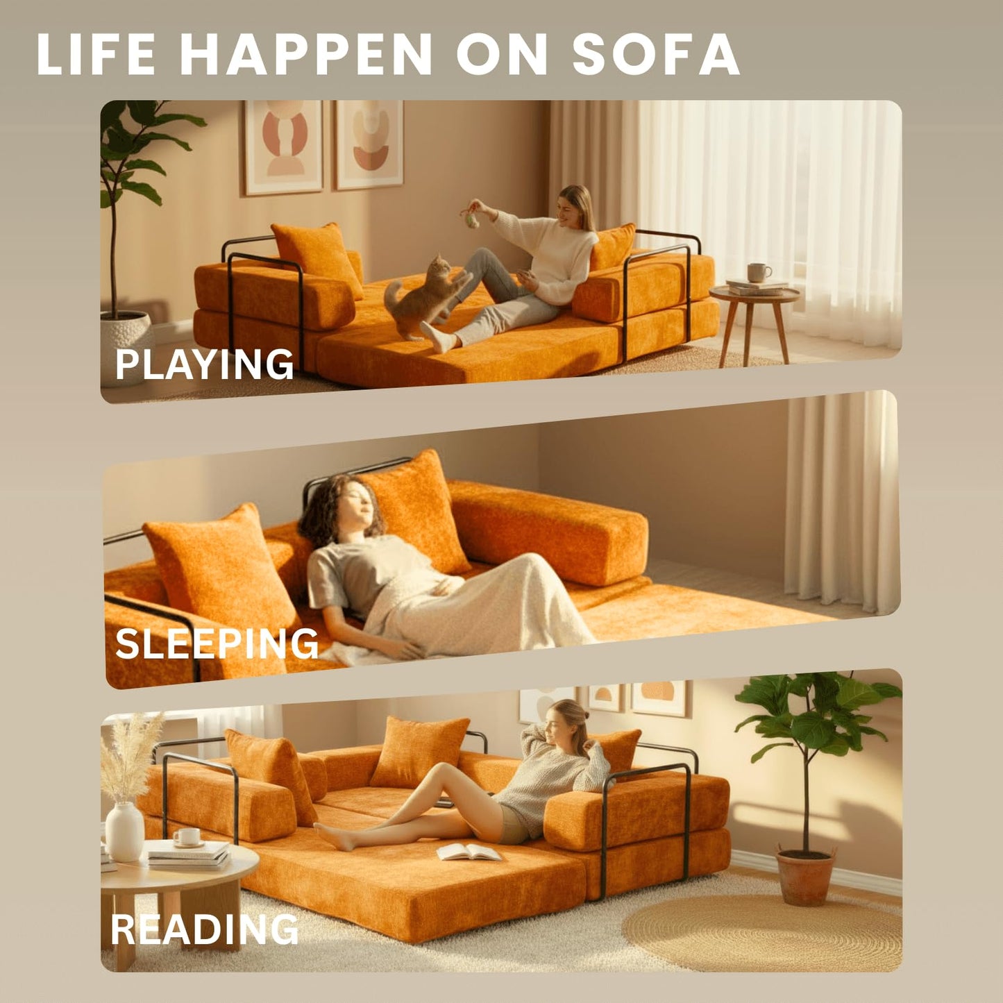 Alpen Futon Sofa Bed Full Size, 4-in-1 Sleeper Sofas with L-Shaped Armrests, Small Sofa Bed Couch for Small Spaces Loveseat Sleeper for Living Room Bedroom, Chenille, Orange