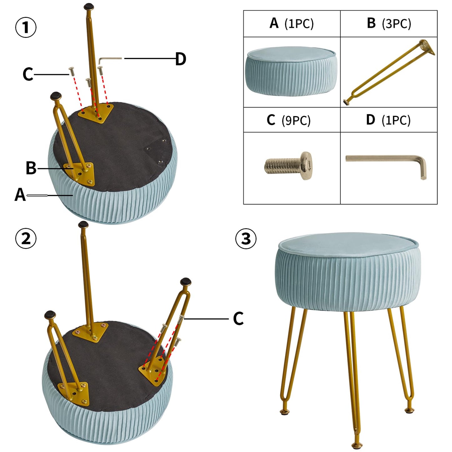 IBUYKE Velvet Round Footrest Stool Ottoman, Makeup Vanity Stool Side Table, Velvet Dressing Table Seat, Pouf Couch Stool, Golden Steel Legs, Blue LG-30H
